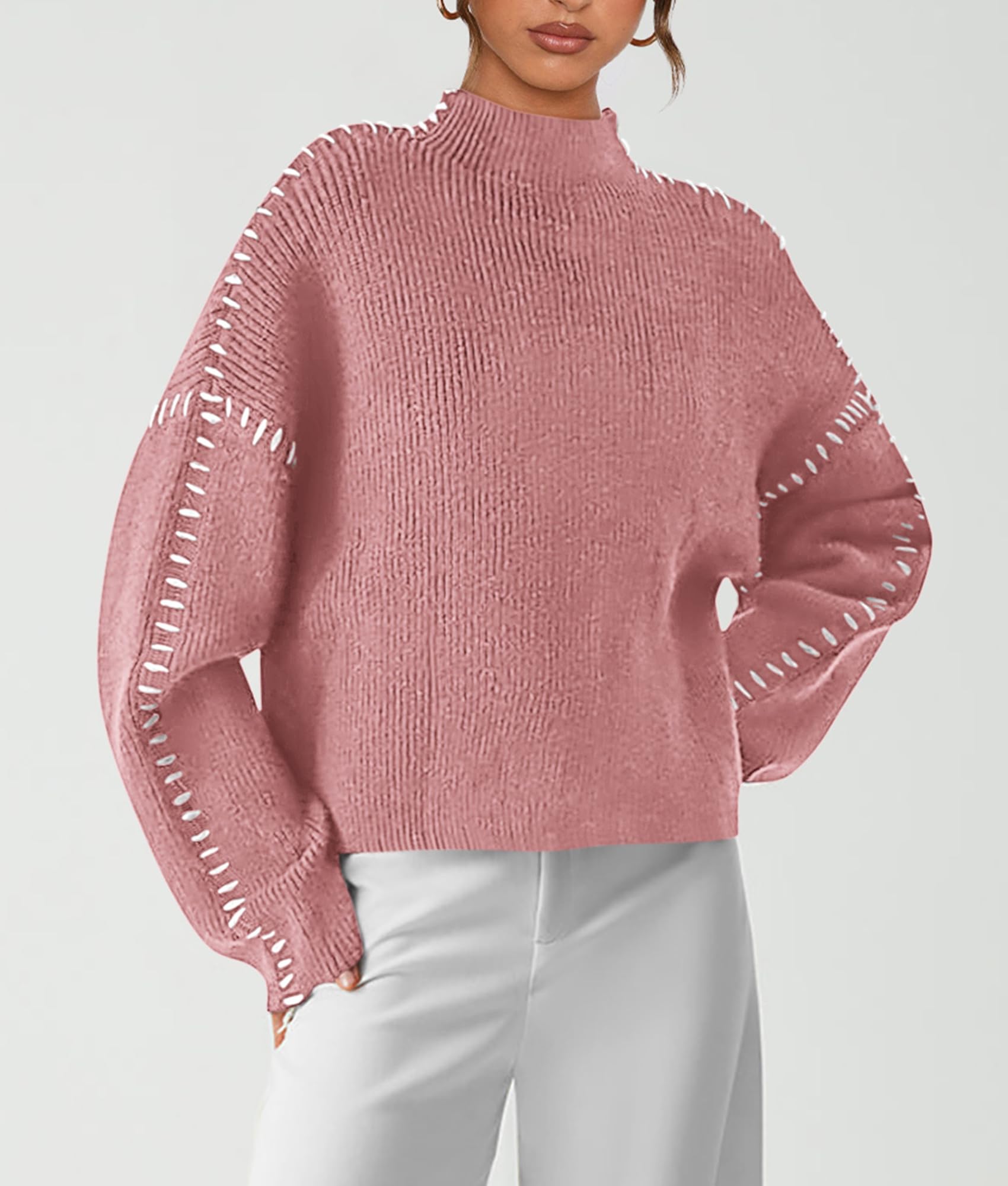 Womens Chunky Knit Oversized Pullover Sweaters,Grey Pink,S