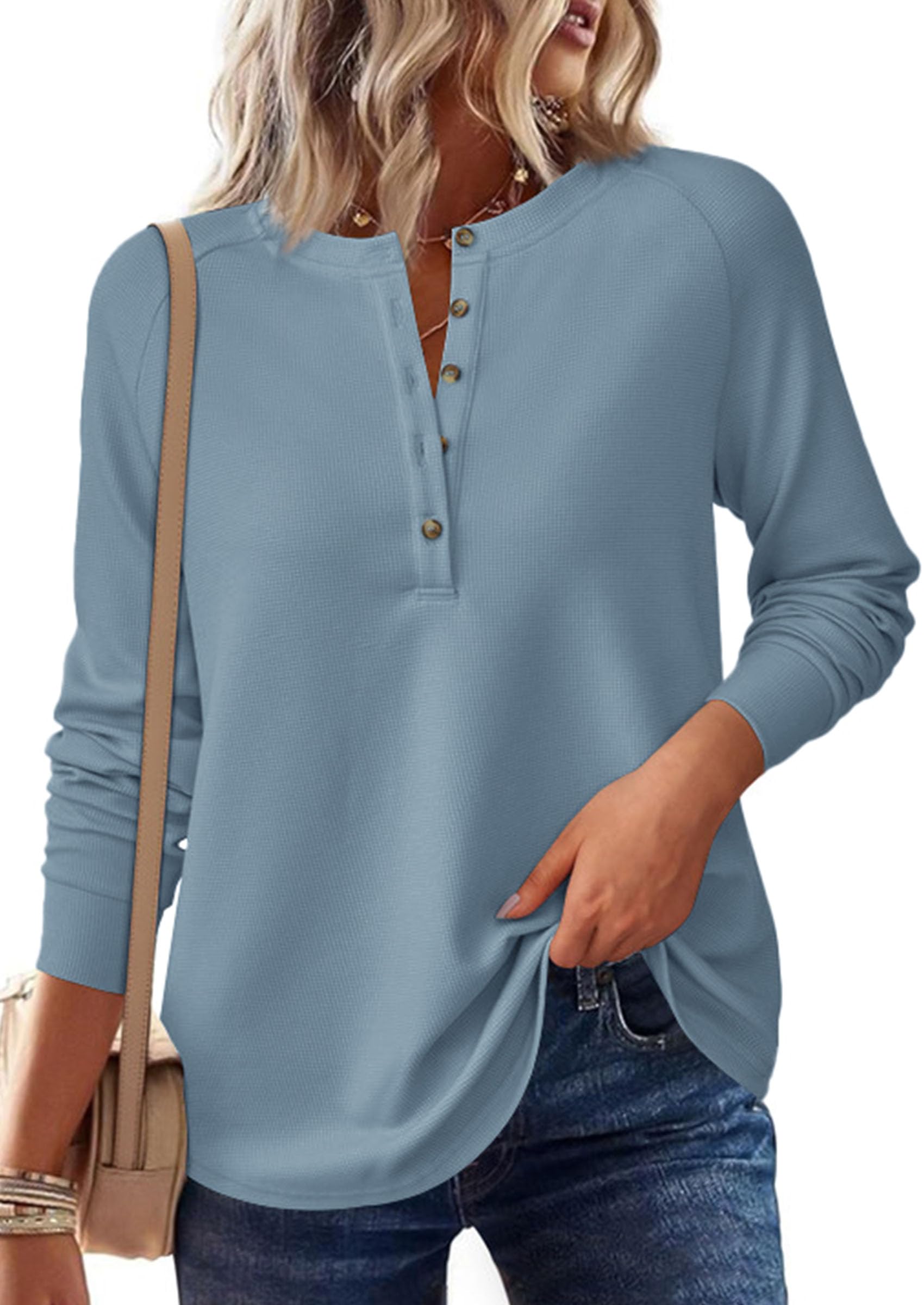 Women's Long Sleeve Waffle Knit Henley Shirts Loose Tunic Tops