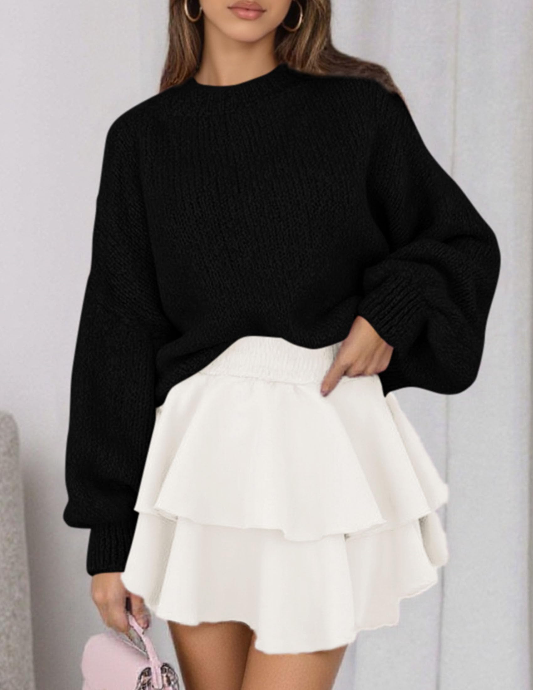 Women's Chunky Knit Oversized Pullover Sweaters,Black,S