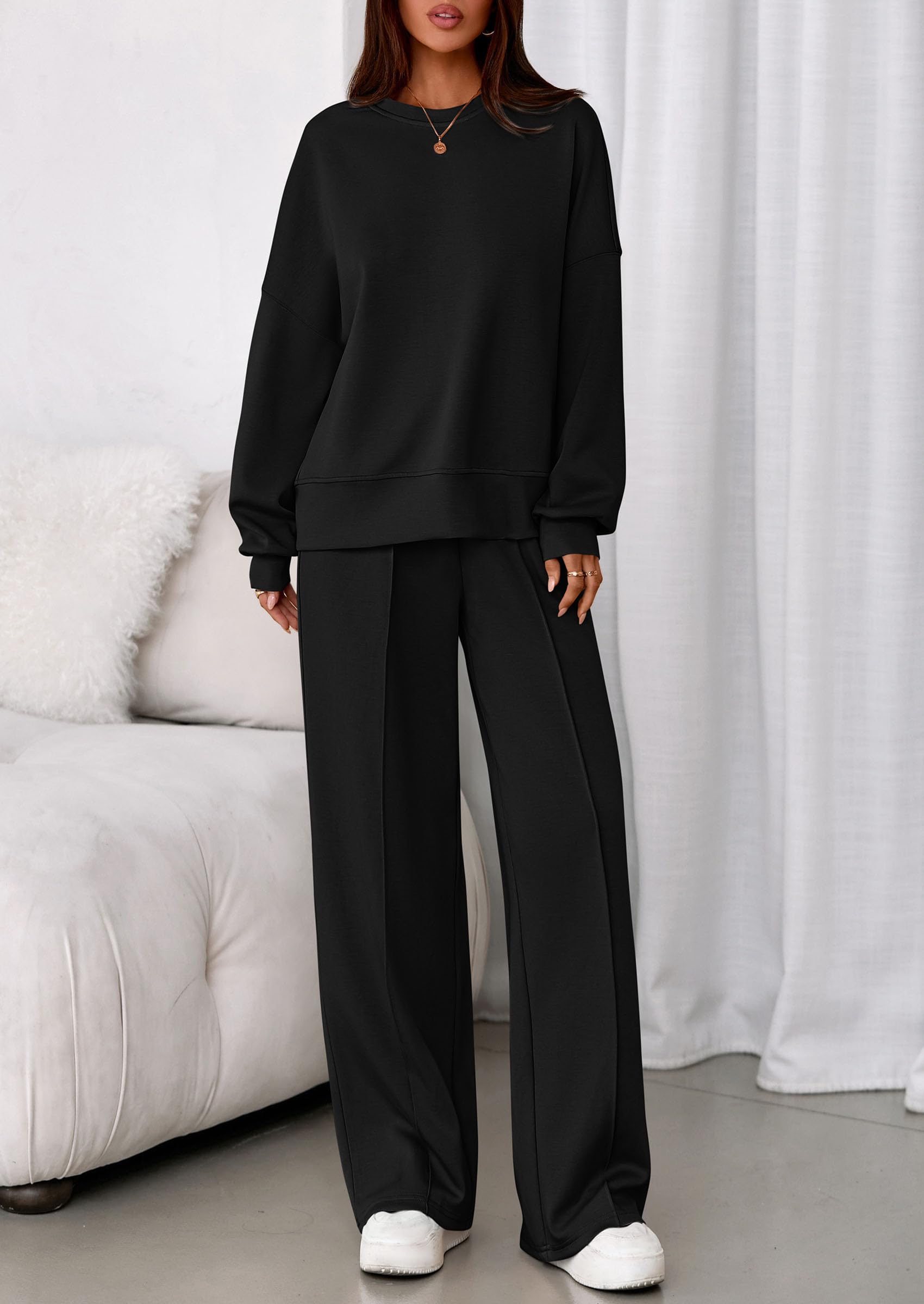 Womens Long Sleeve Sweatshirt 2 Piece Sets,Black,S