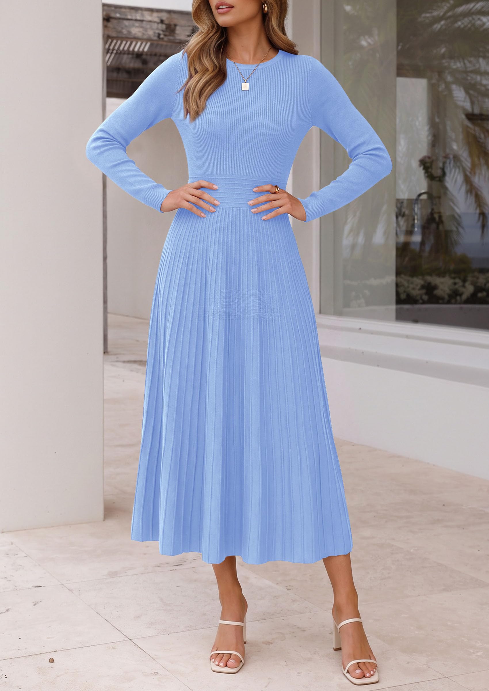 Women's Long Sleeve Knit Maxi Sweater Dress,Light Blue,M