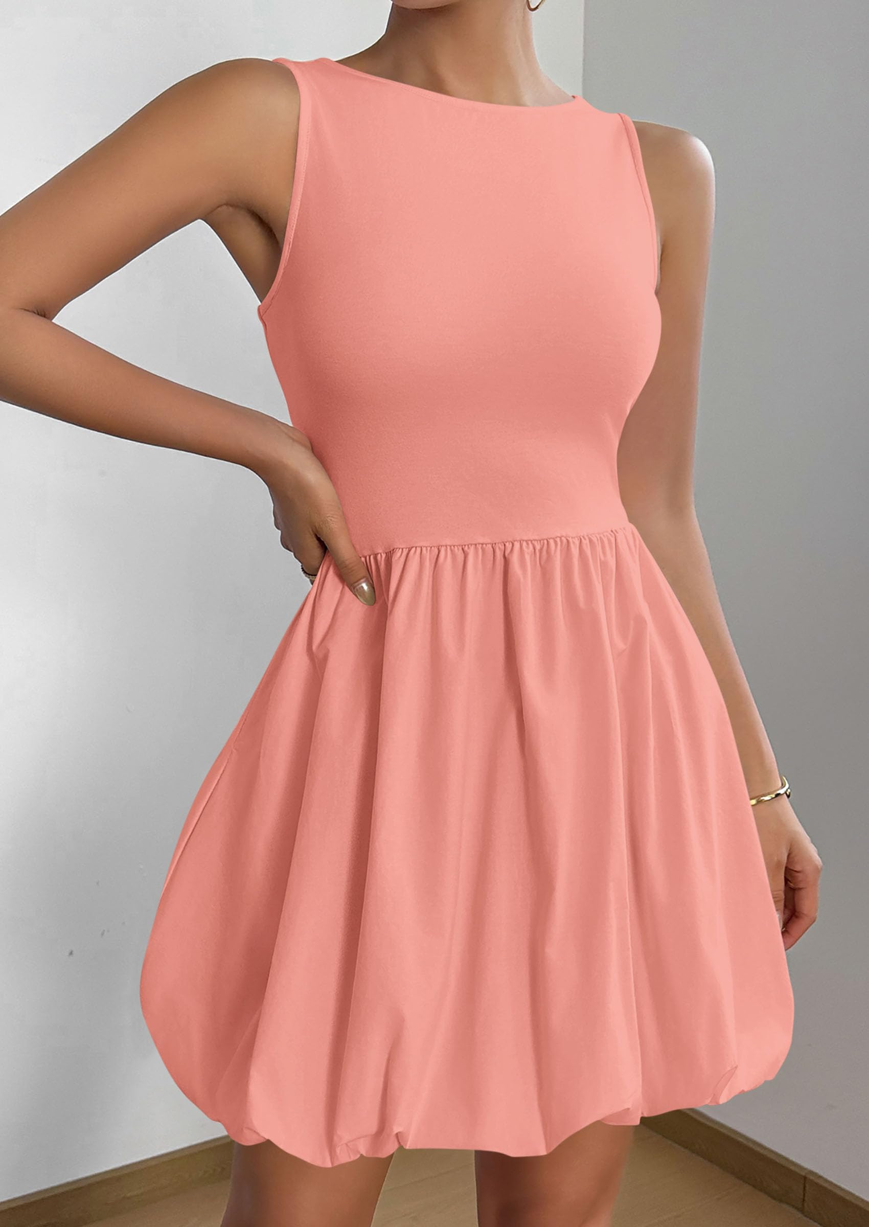 Womens Summer Bubble Sleeveless Mini Dress,Pink,S