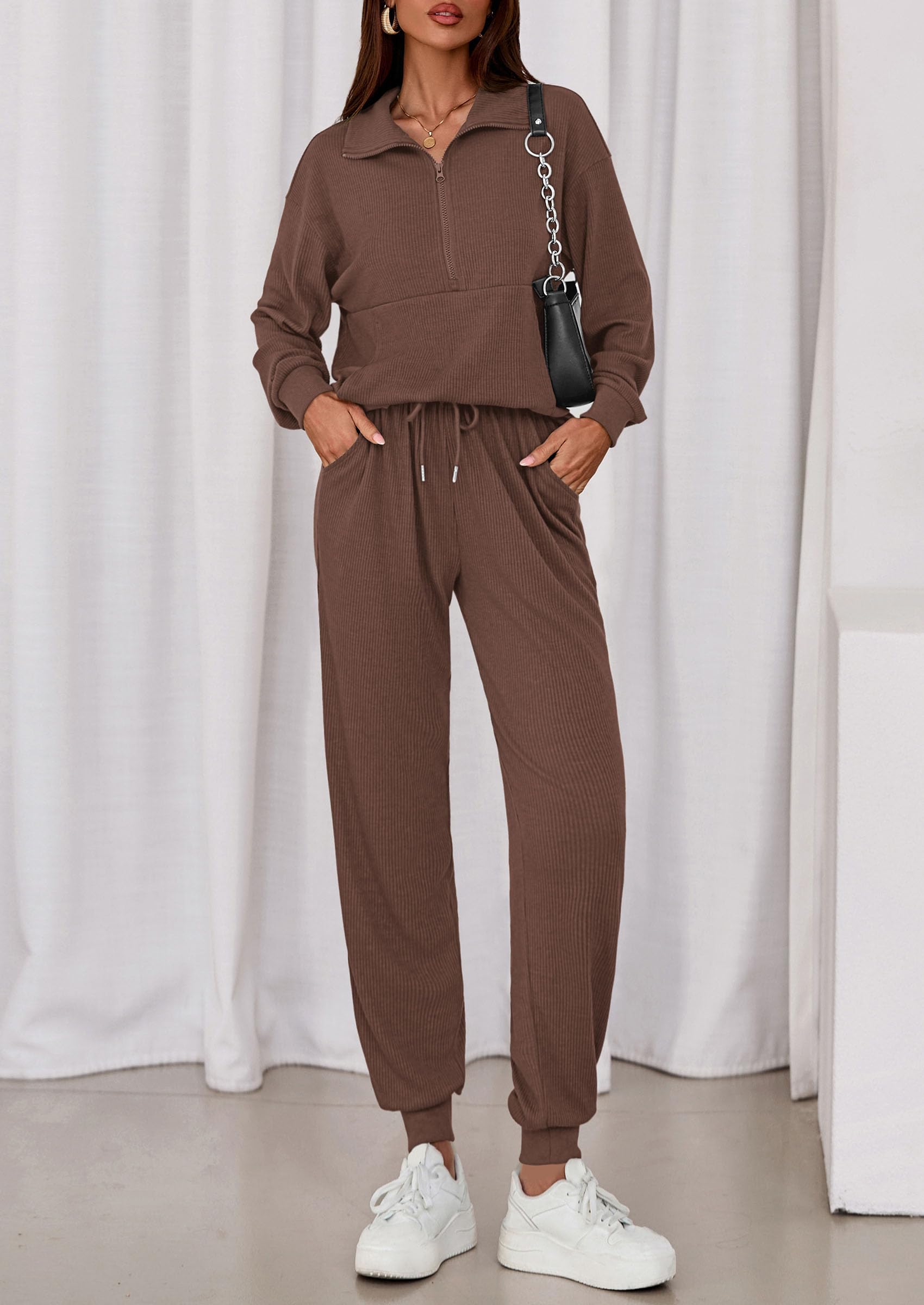 Airport Travel Outfit Women Ribbed Knit Matching Lounge Sets