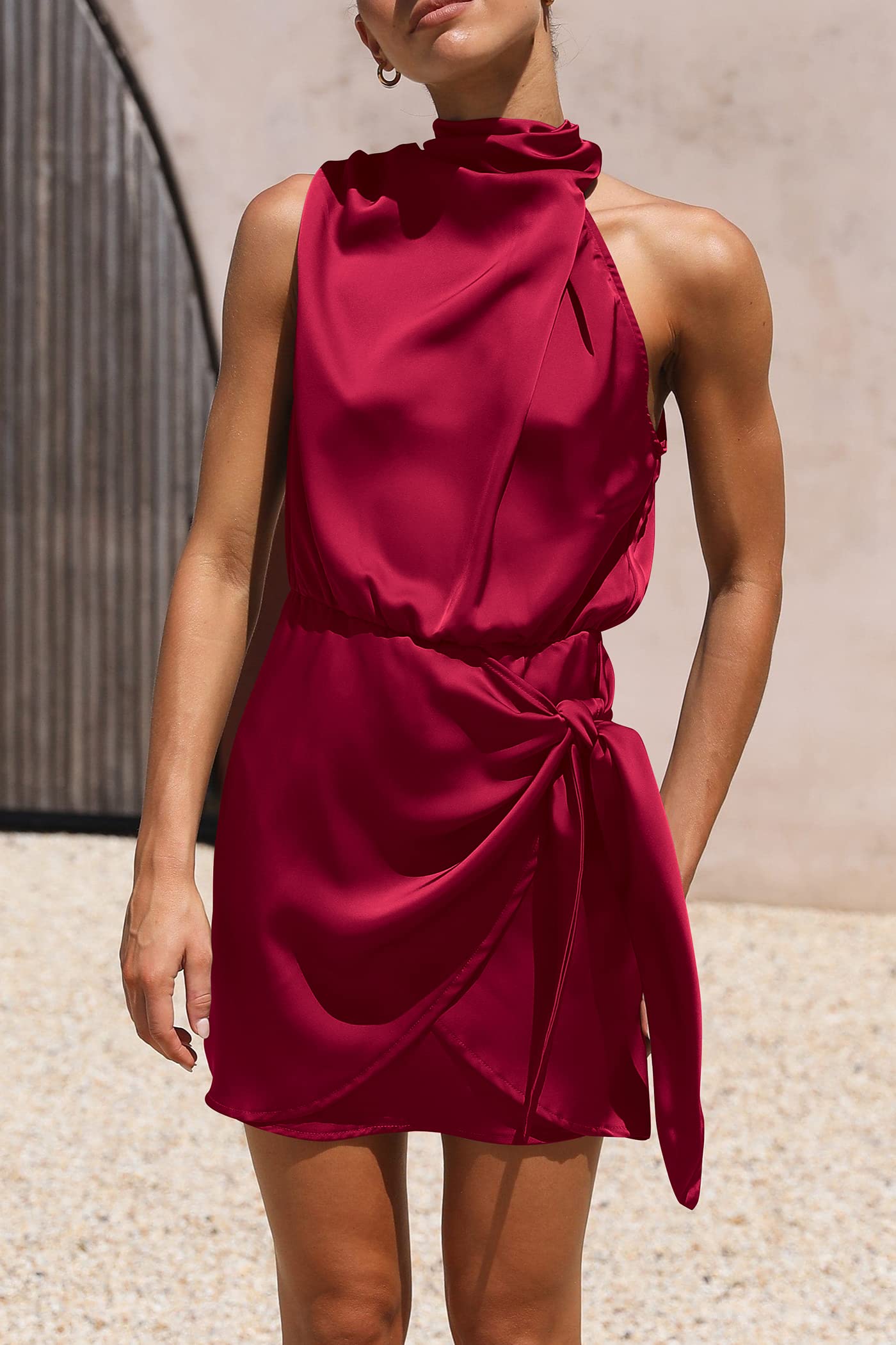 Women's Short Formal Satin Dress Summer Sleeveless Mock Neck Tie Waist Cocktail Party Dresses (Deep Red,Small)