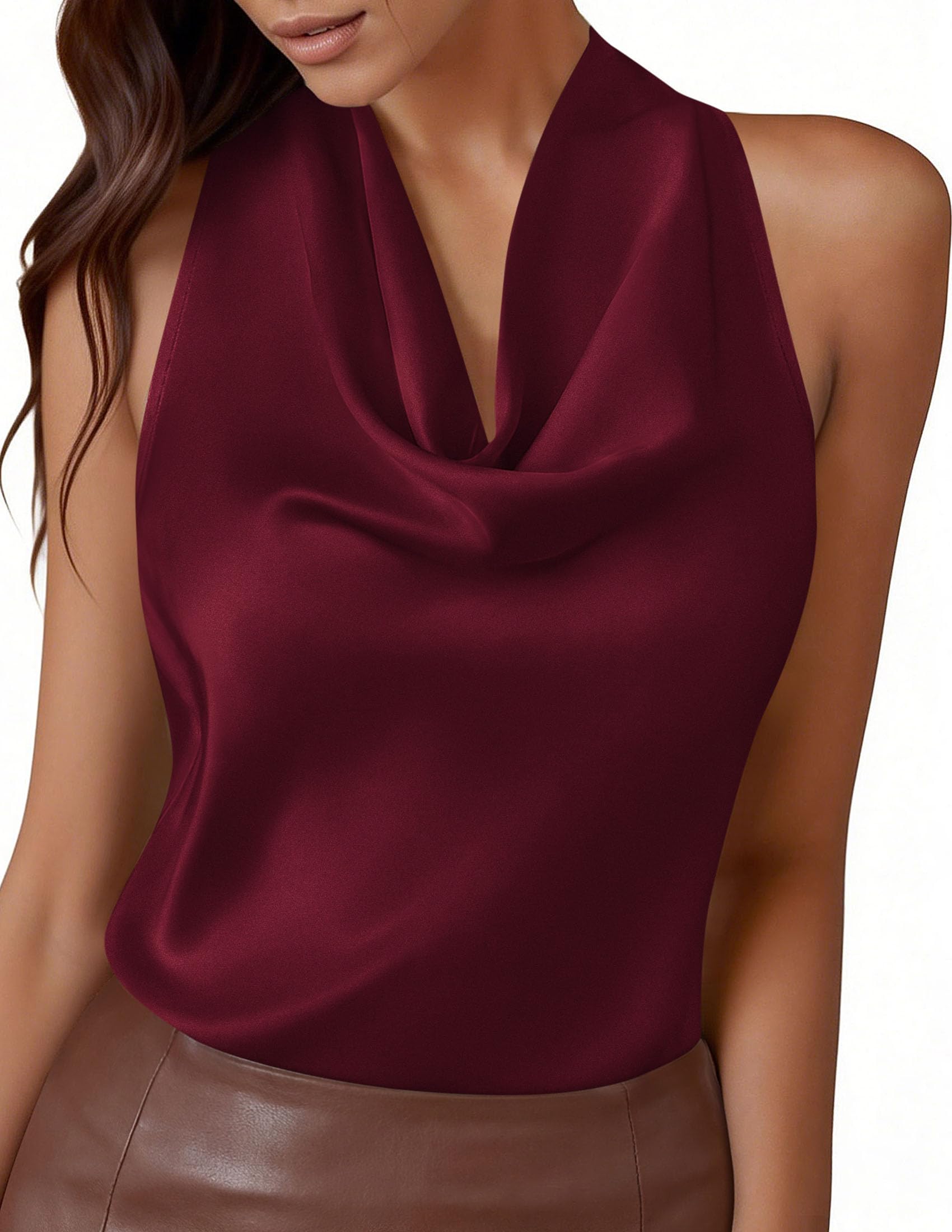 Satin Halter Tops for Women Dressy Casual Wine Red,XS