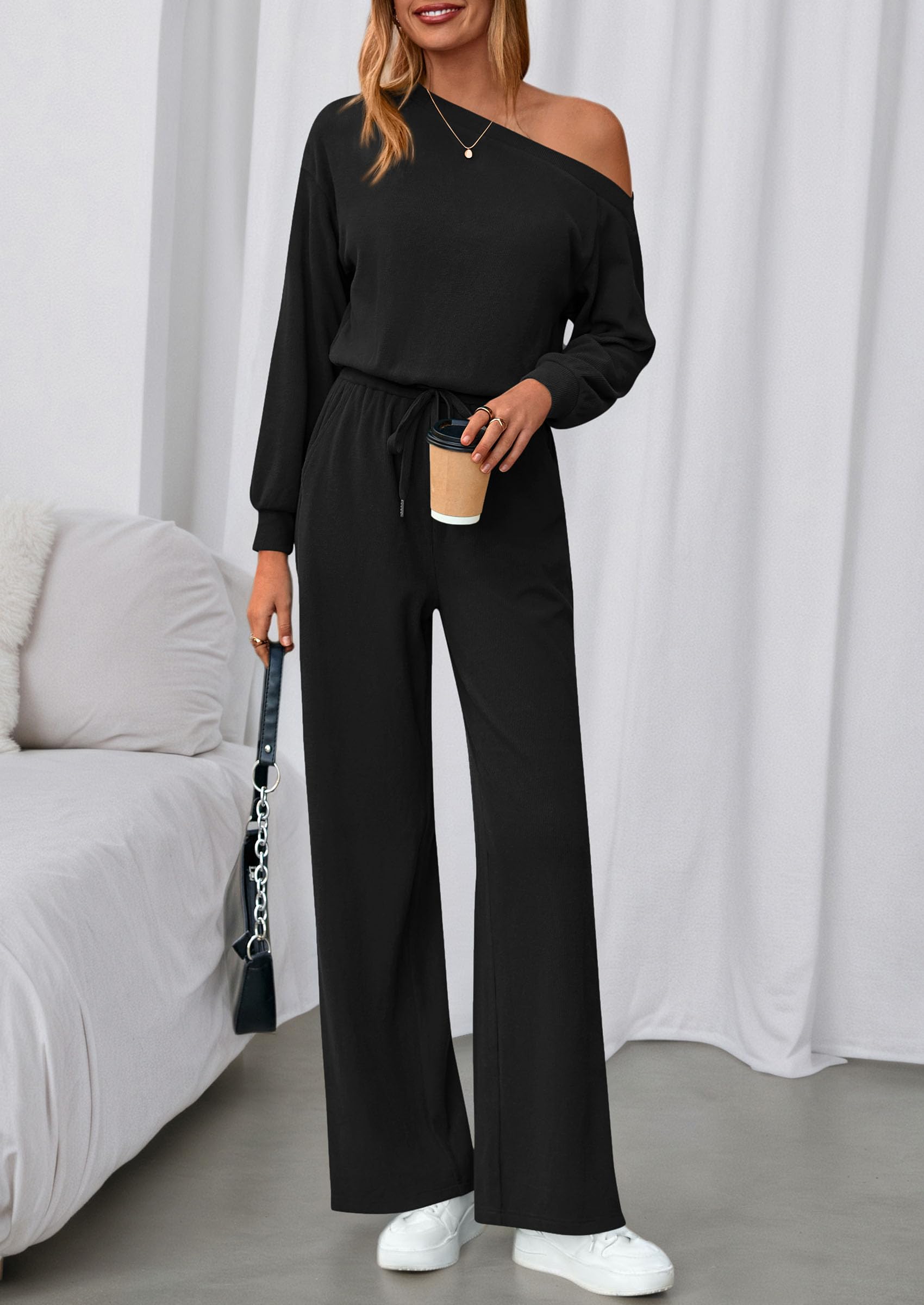 Womens Off Shoulder Long Sleeve Jumpsuit,Black,S