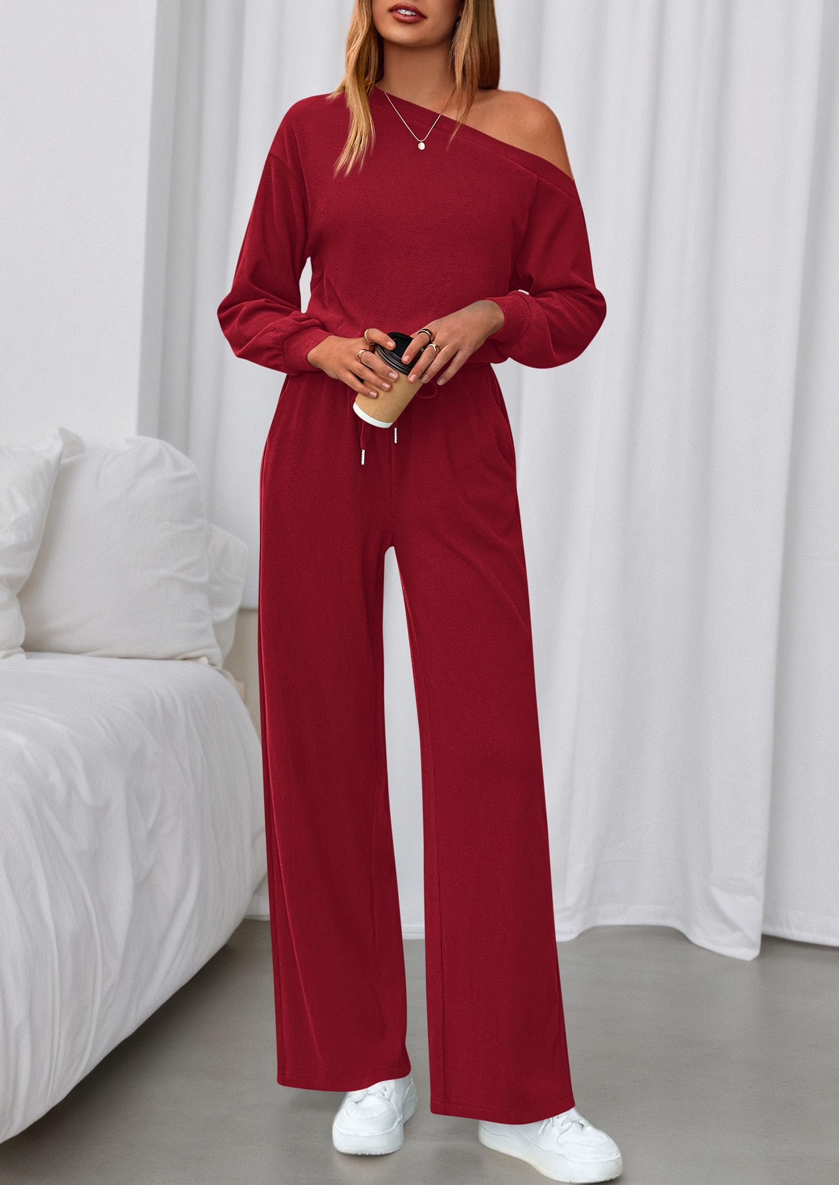Womens Off Shoulder Long Sleeve Jumpsuit,Wine Red,S