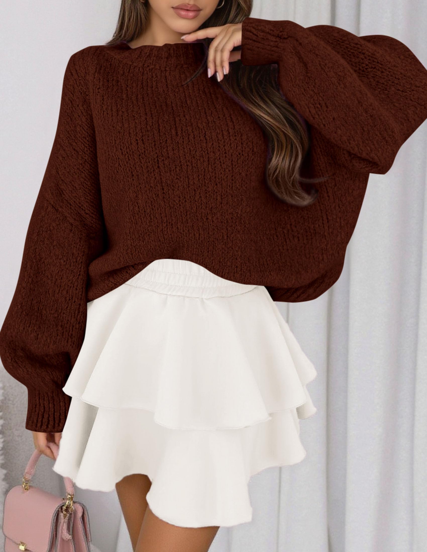 Women's Chunky Knit Oversized Pullover Sweaters,Brown,S