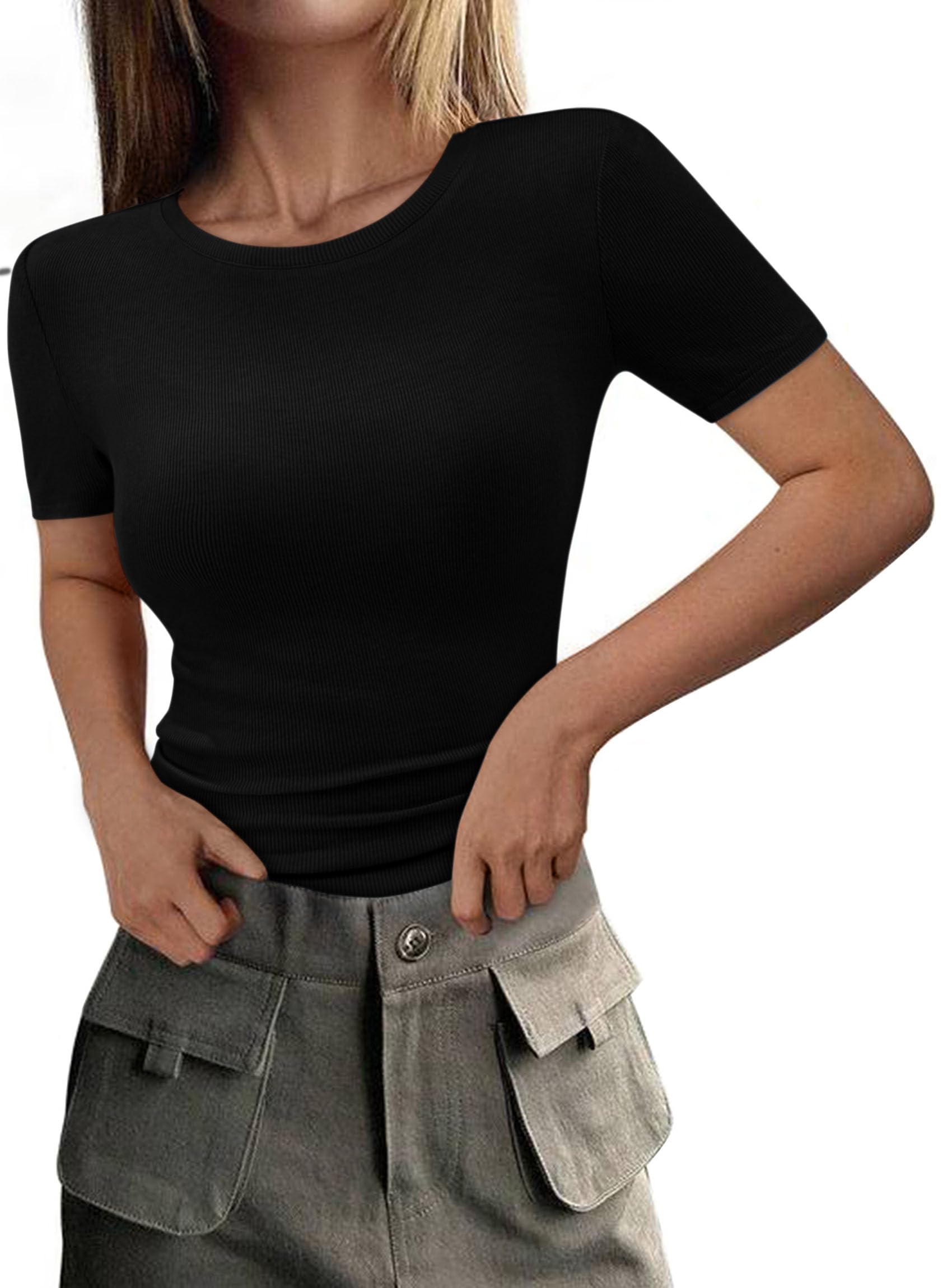 Womens Short Sleeve Slim Fit Basic Shirts,Black,XS