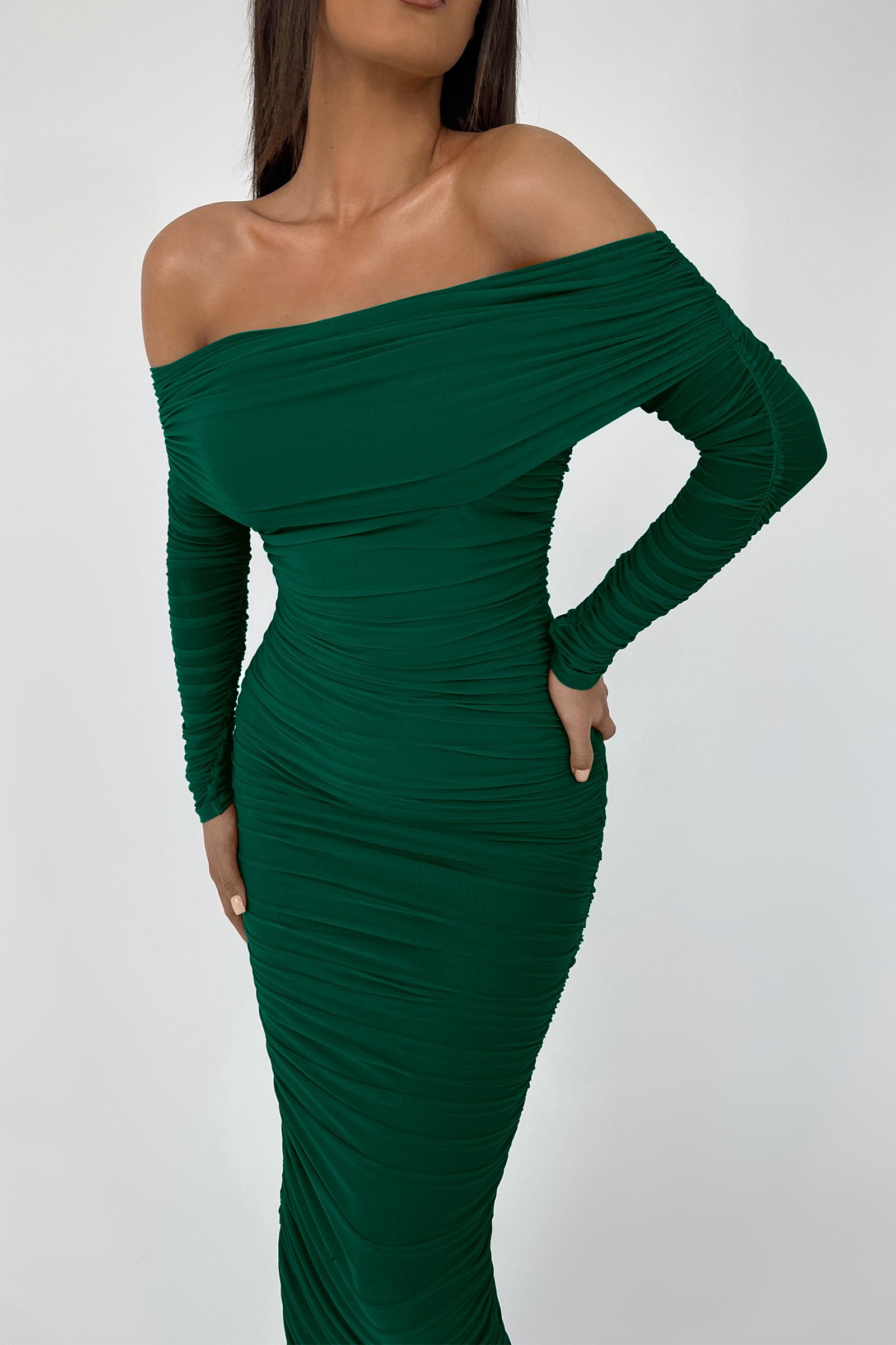 Women's Off the Shoulder Maxi Bodycon Dress, Green,S