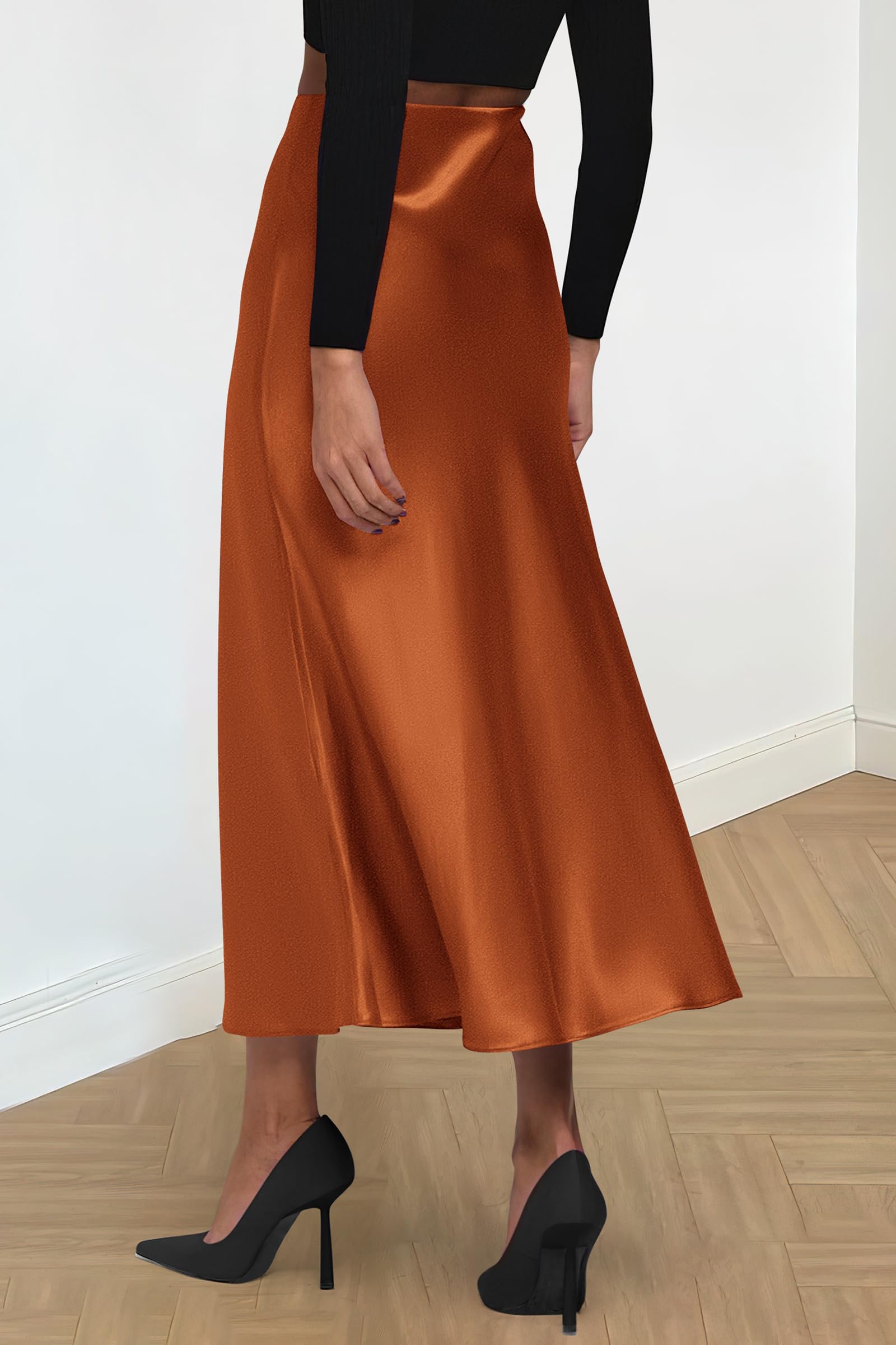 Women's Satin Midi Skirts Dressy Casual,Rust Red,S
