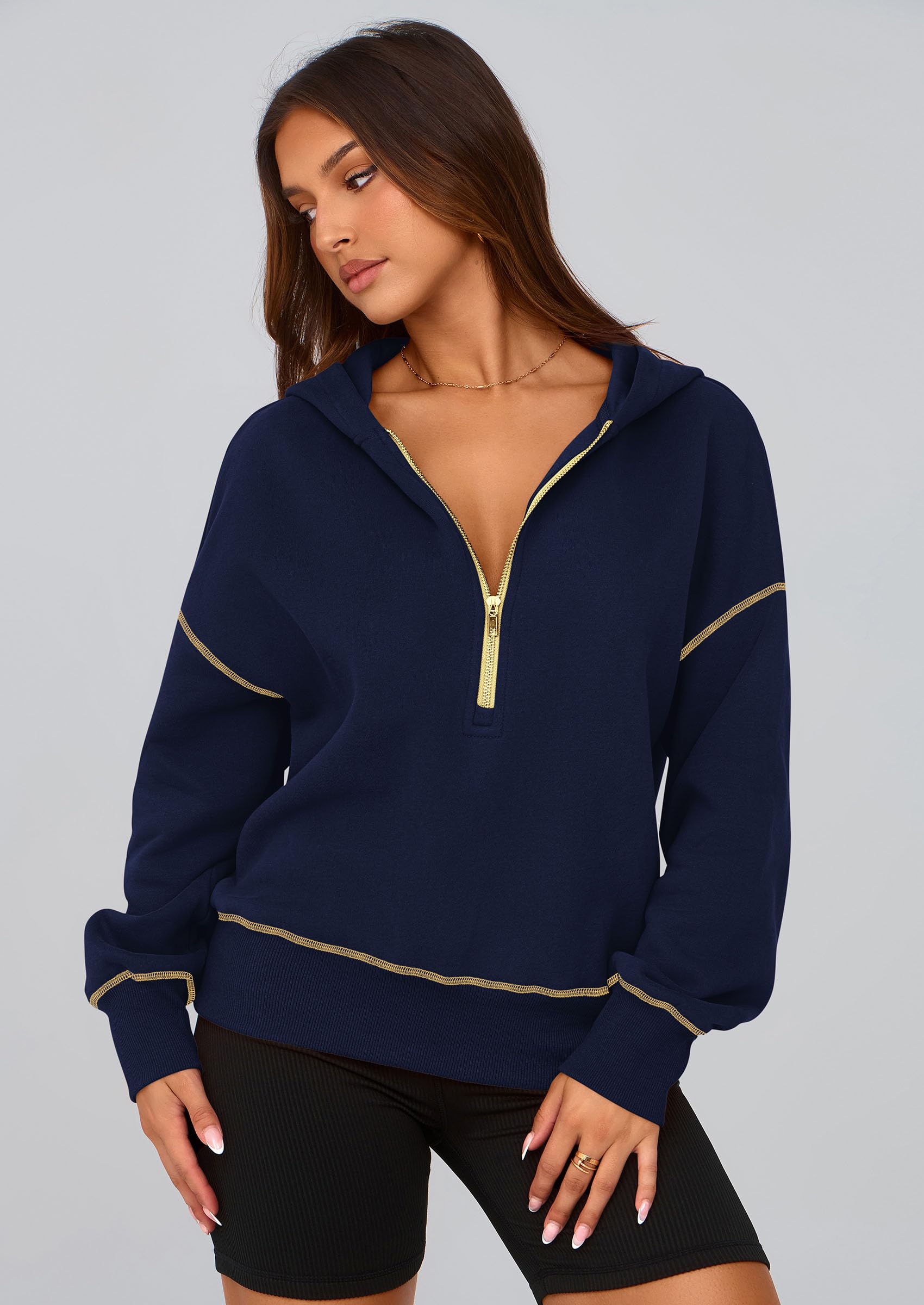 Women's Fall Half Zip Cropped Hoodie Sweatshirt Navy Blue