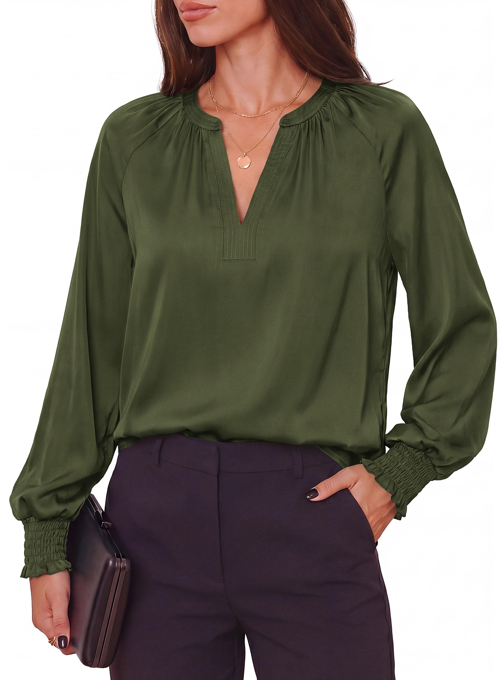 Women's Satin Blouses V Neck Long Sleeve Tops,Army Green,L
