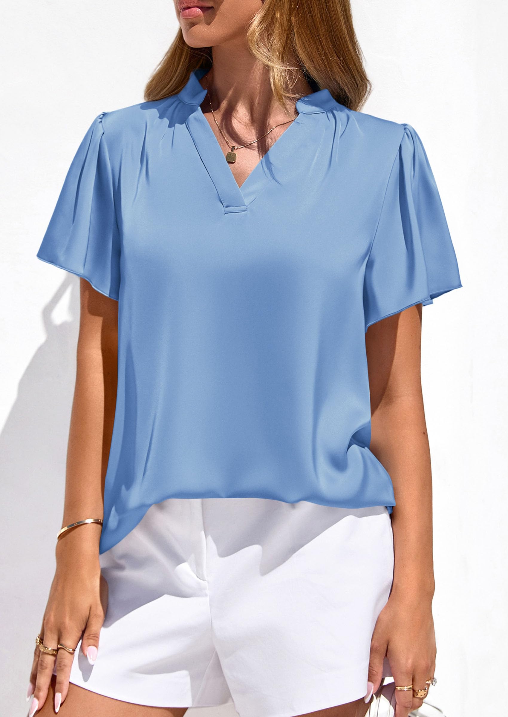 Women's Summer Satin Dressy Casual Blouses (Light Blue,S)