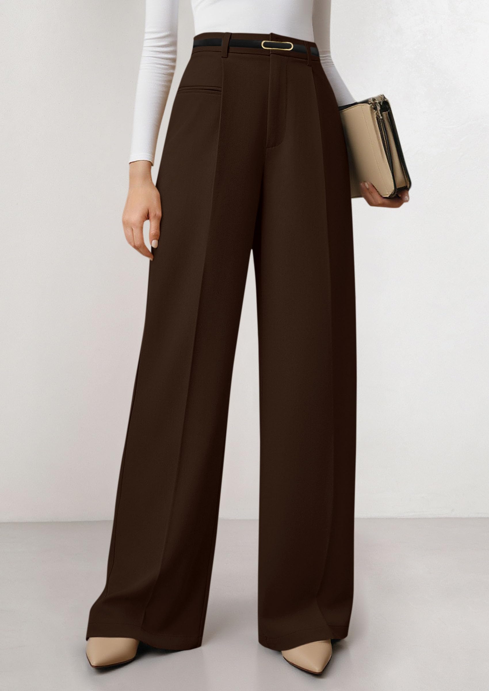 Women's Tailored Wide Leg Work Dress Pants,Dark Brown,XS