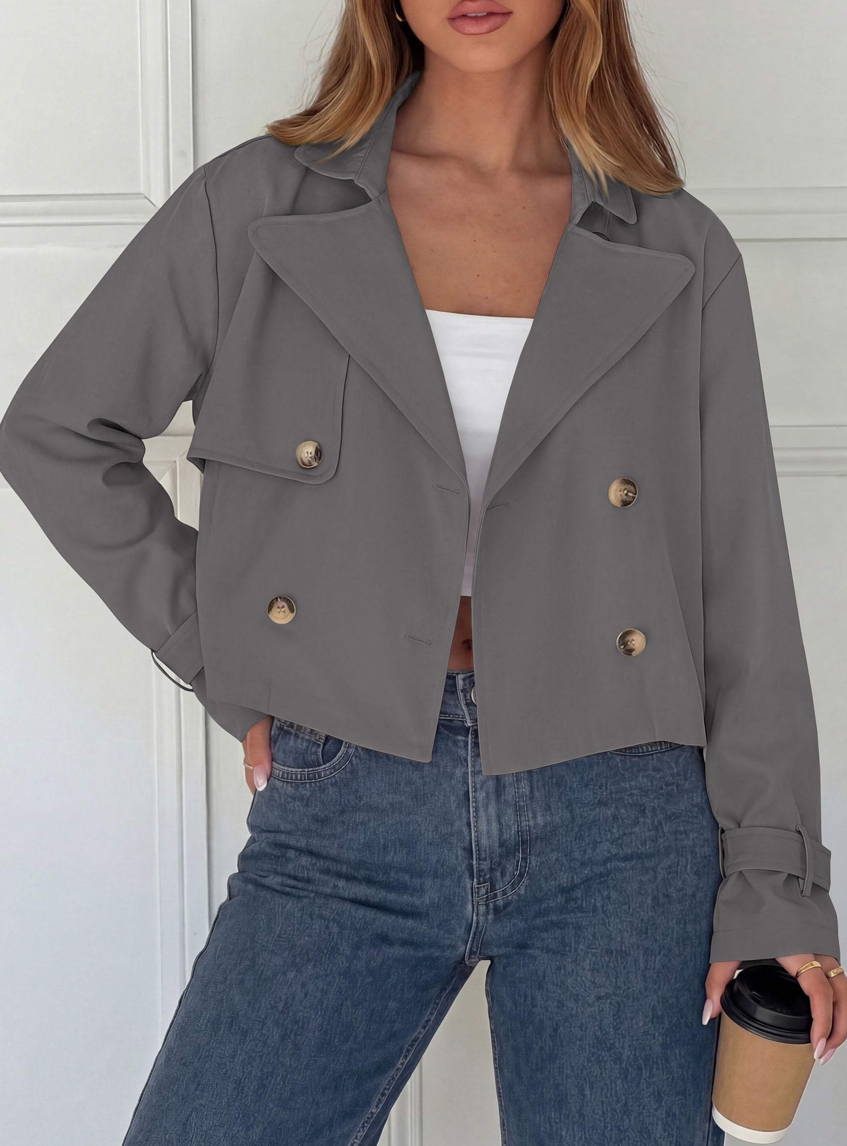 Cropped Trench Coat For Women Short Jacket,Grey,S