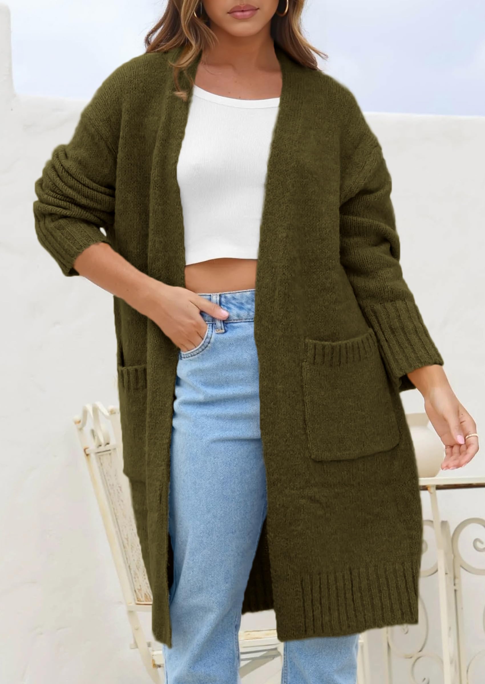 Open Front Cardigan Sweaters for Women,Army Green,S