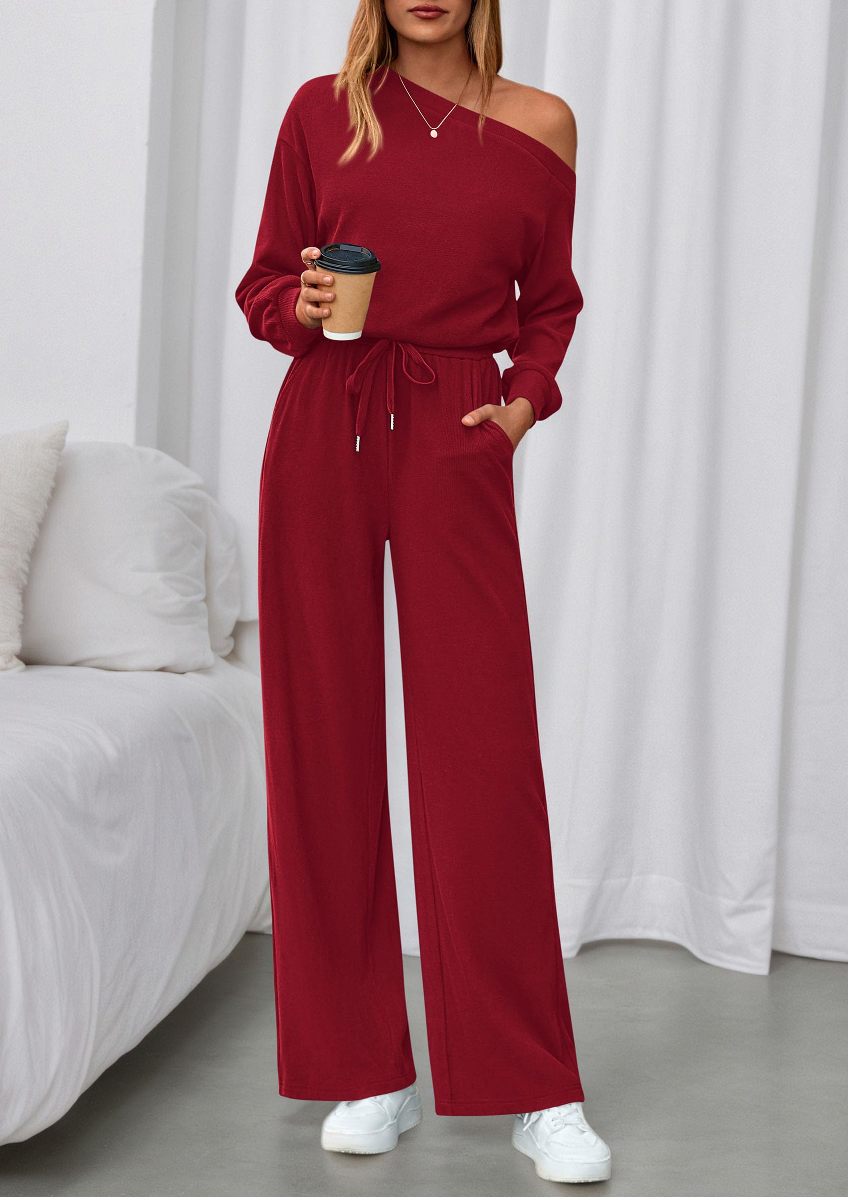 Womens Off Shoulder Long Sleeve Jumpsuit,Wine Red,S