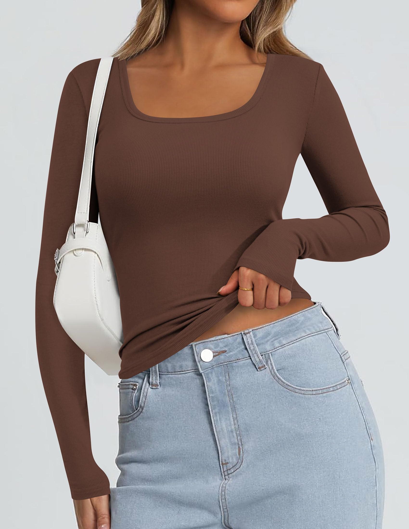Square Neck Long Sleeve Shirts for Women Brown,S