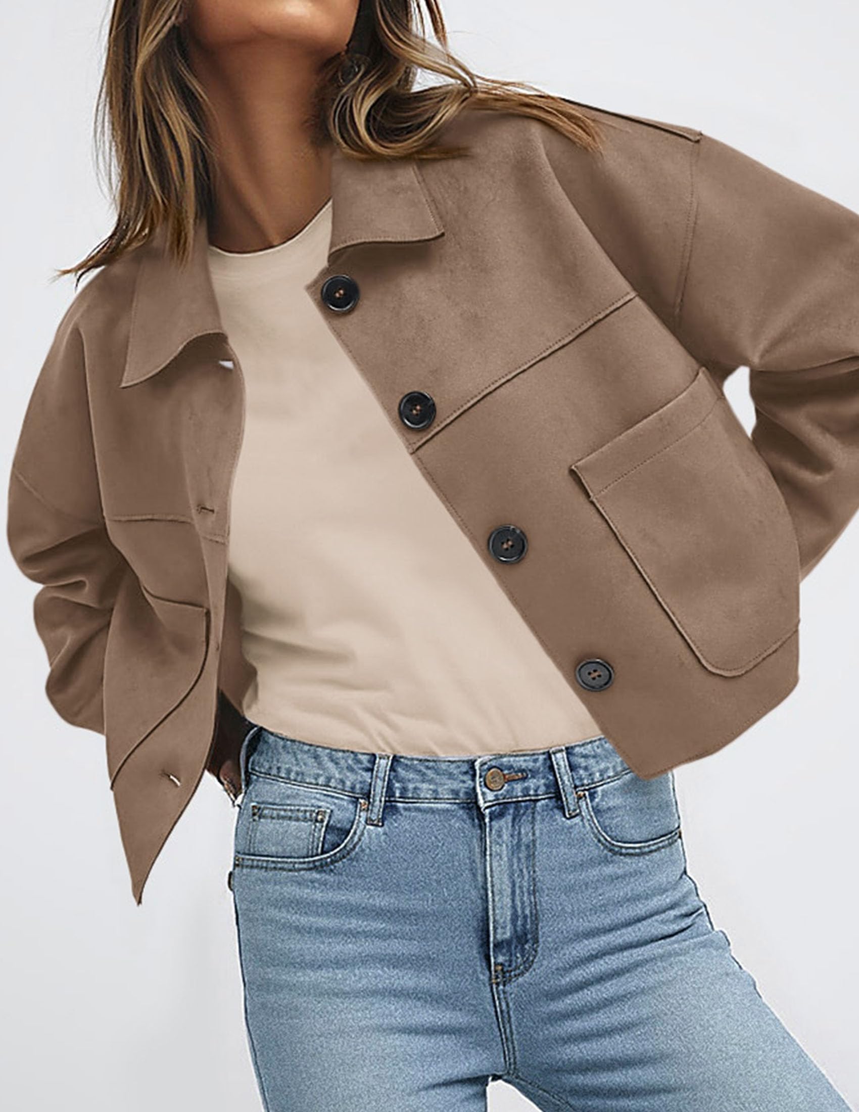 Women's Faux Suede Shacket Jackets Lightweight Cropped Coats