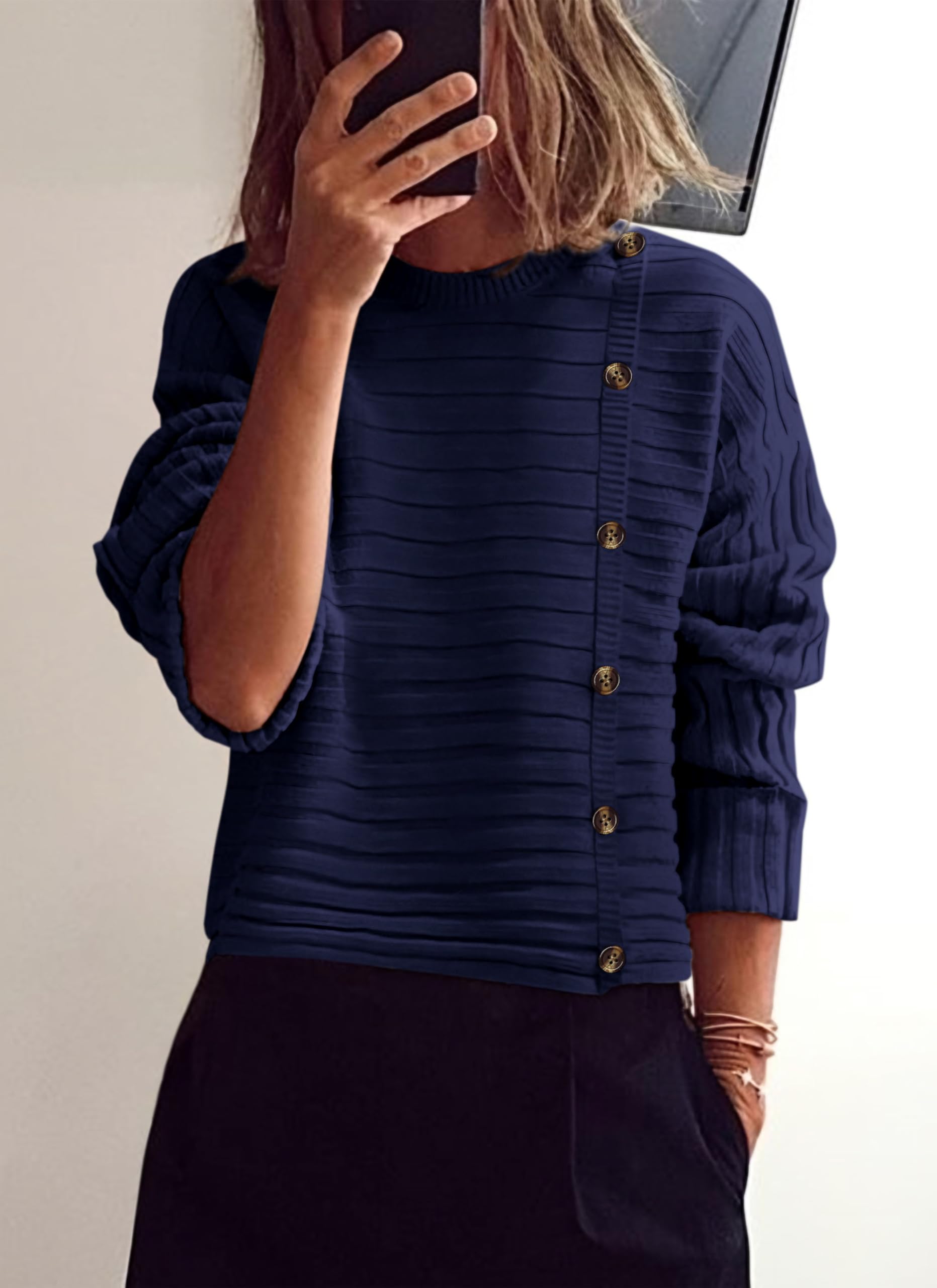 Womens Asymmetric Button Long Sleeve Sweater,Navy,S