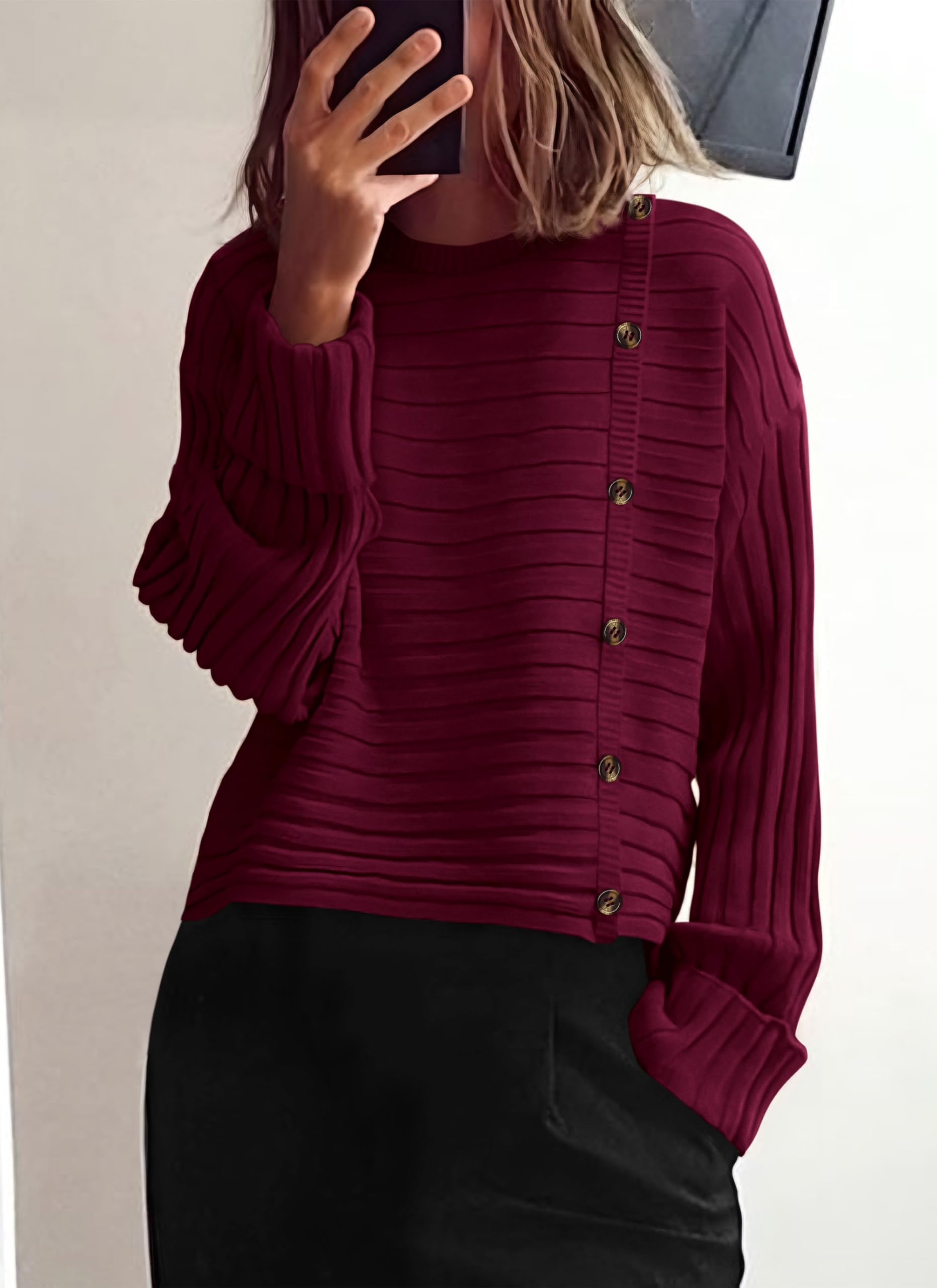Womens Asymmetric Button Long Sleeve Sweater,Wine Red,S