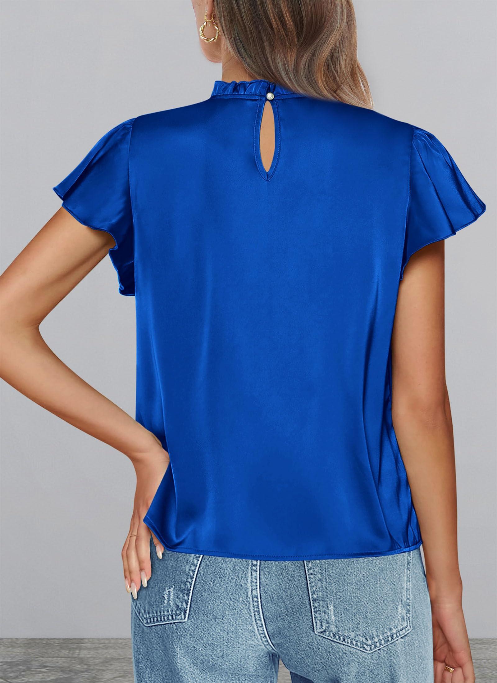 Women's Satin Tops Business Casual Work Blouses, Royal Blue,S