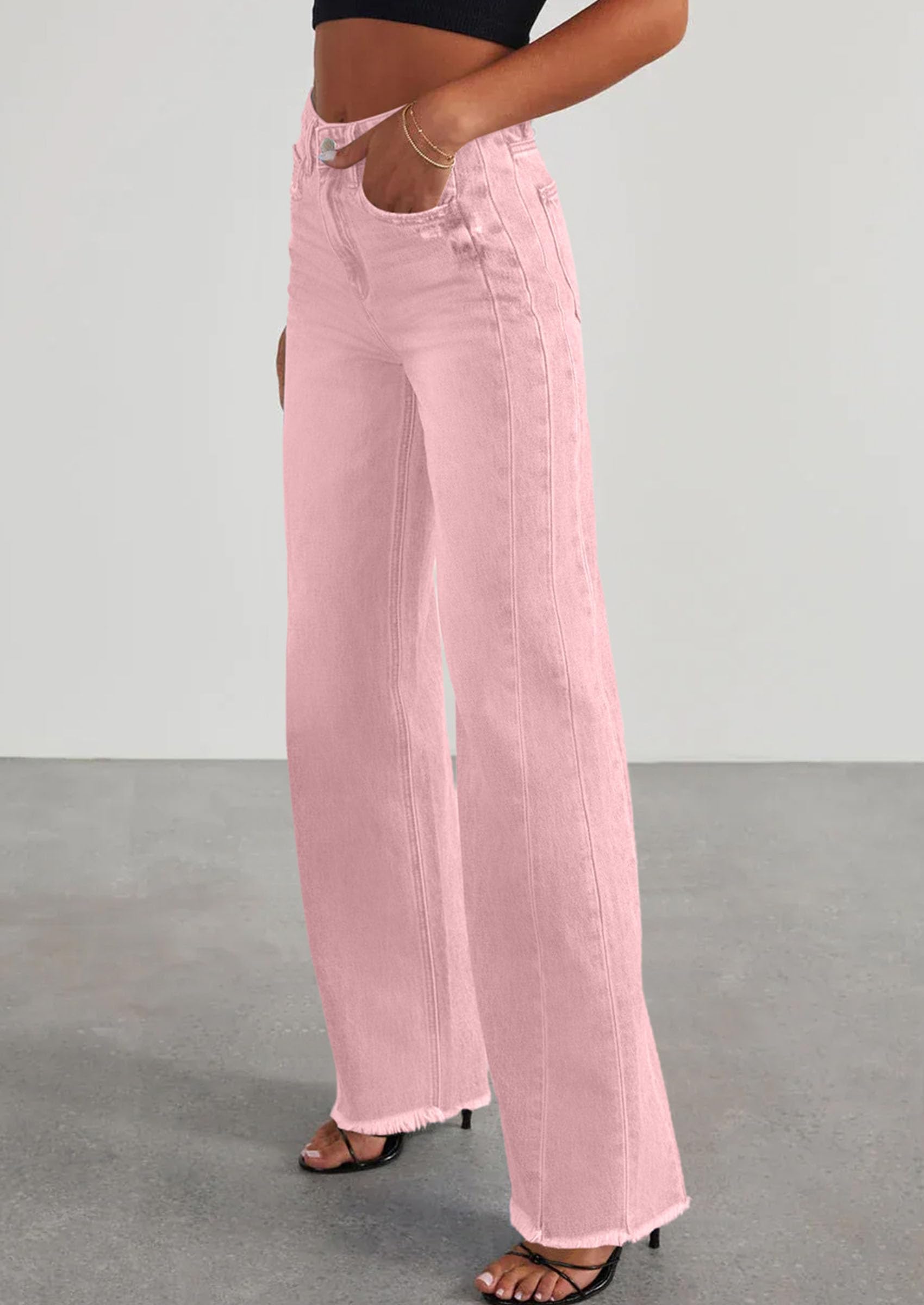 Women's Wide Leg Jeans Raw Hem Denim Pants,Pink,4