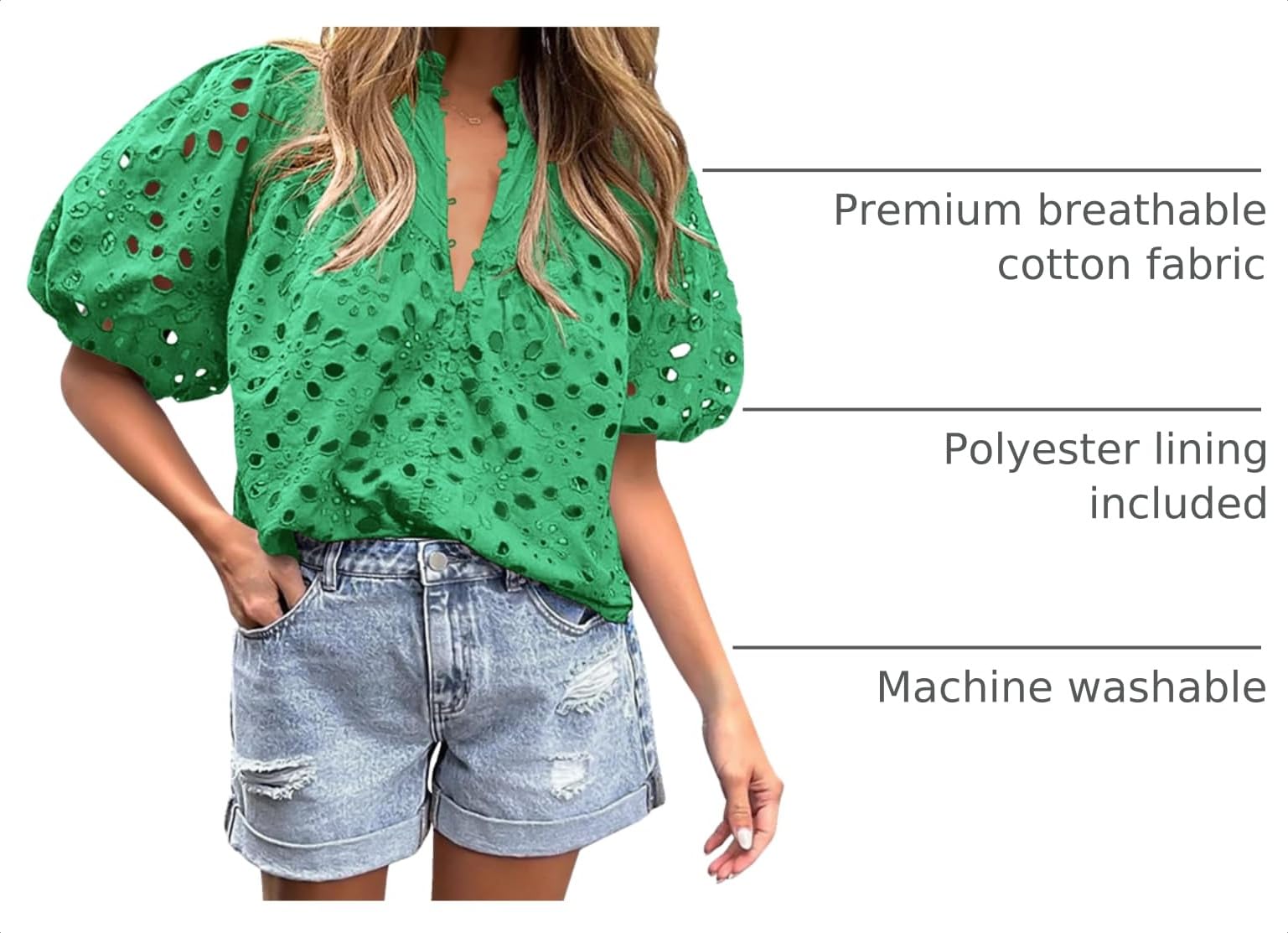 Womens Tops Boho Eyelet Puff Sleeve Blouse, Green,M