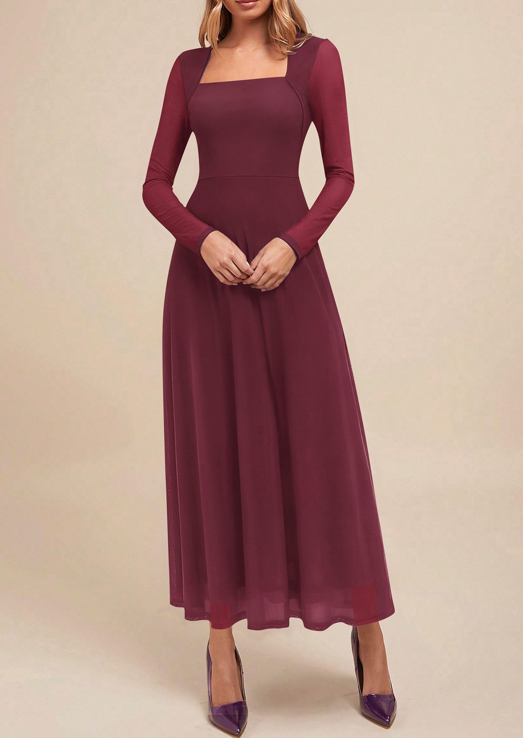 Women's Flowy Maxi Mesh Fall Cocktail Wedding Guest Dresses