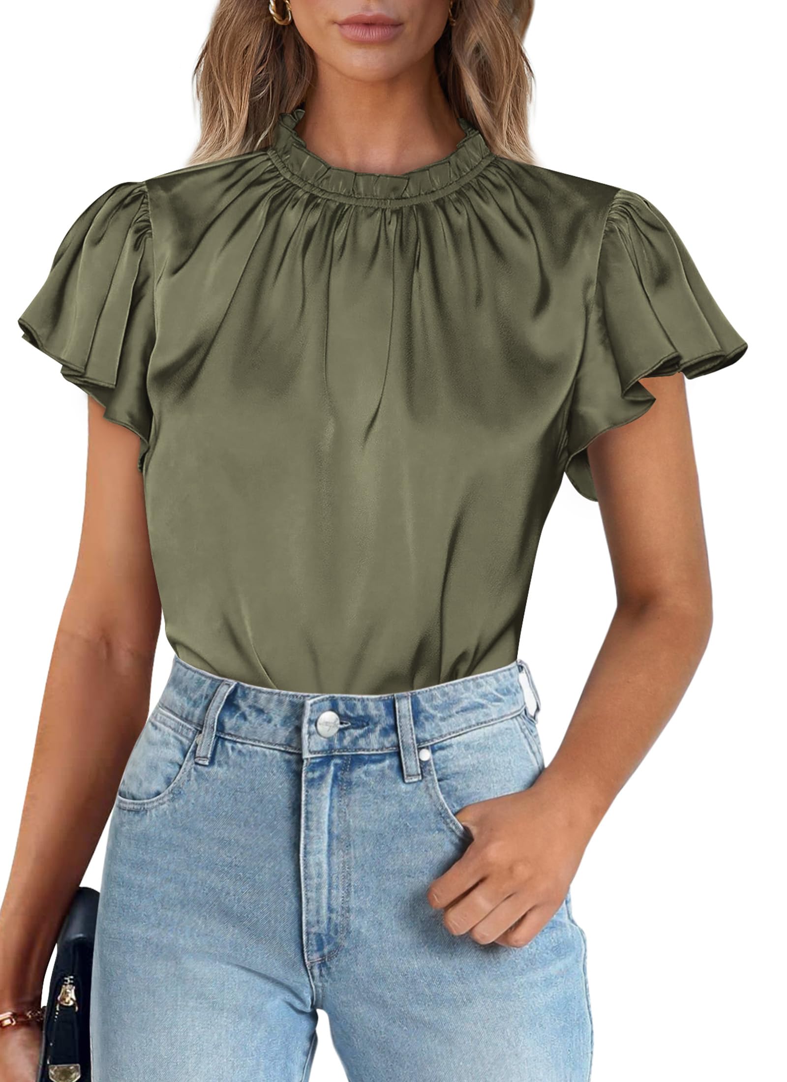 Women's Satin Tops Business Casual Work Blouses, Army Green,L