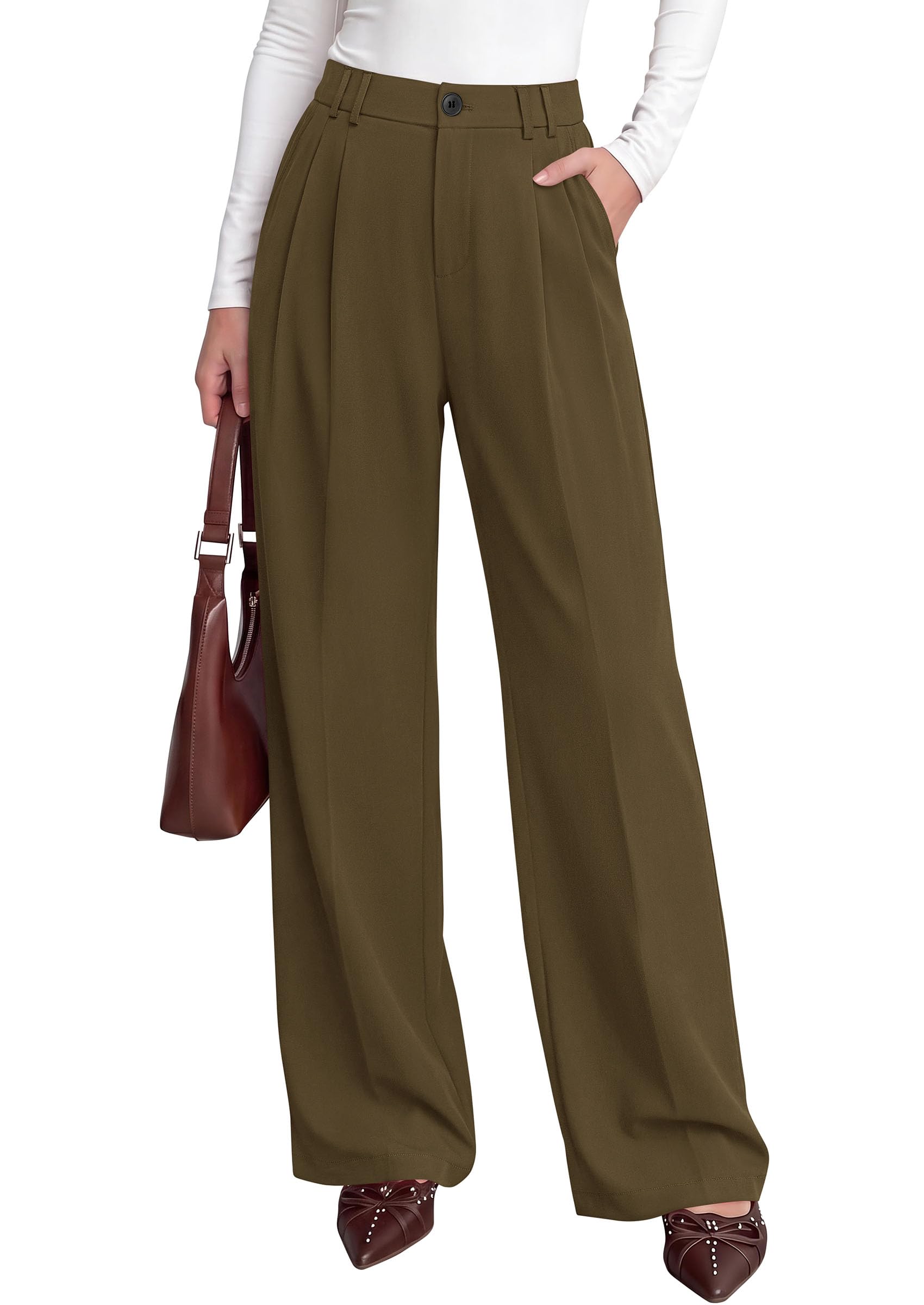 Women's Dress Pants Wide Leg Flowy Trousers,Army Green,S