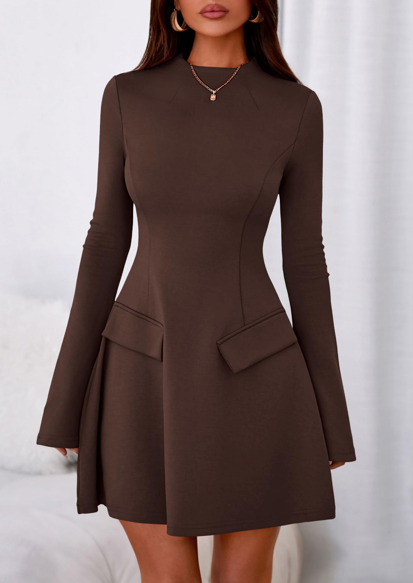 Women's Fall Bell Sleeve Short Dress,Brown,XS