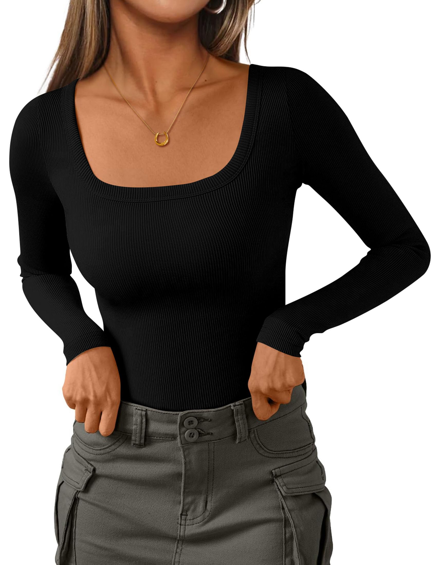 Square Neck Long Sleeve Shirts for Women Black,XXL