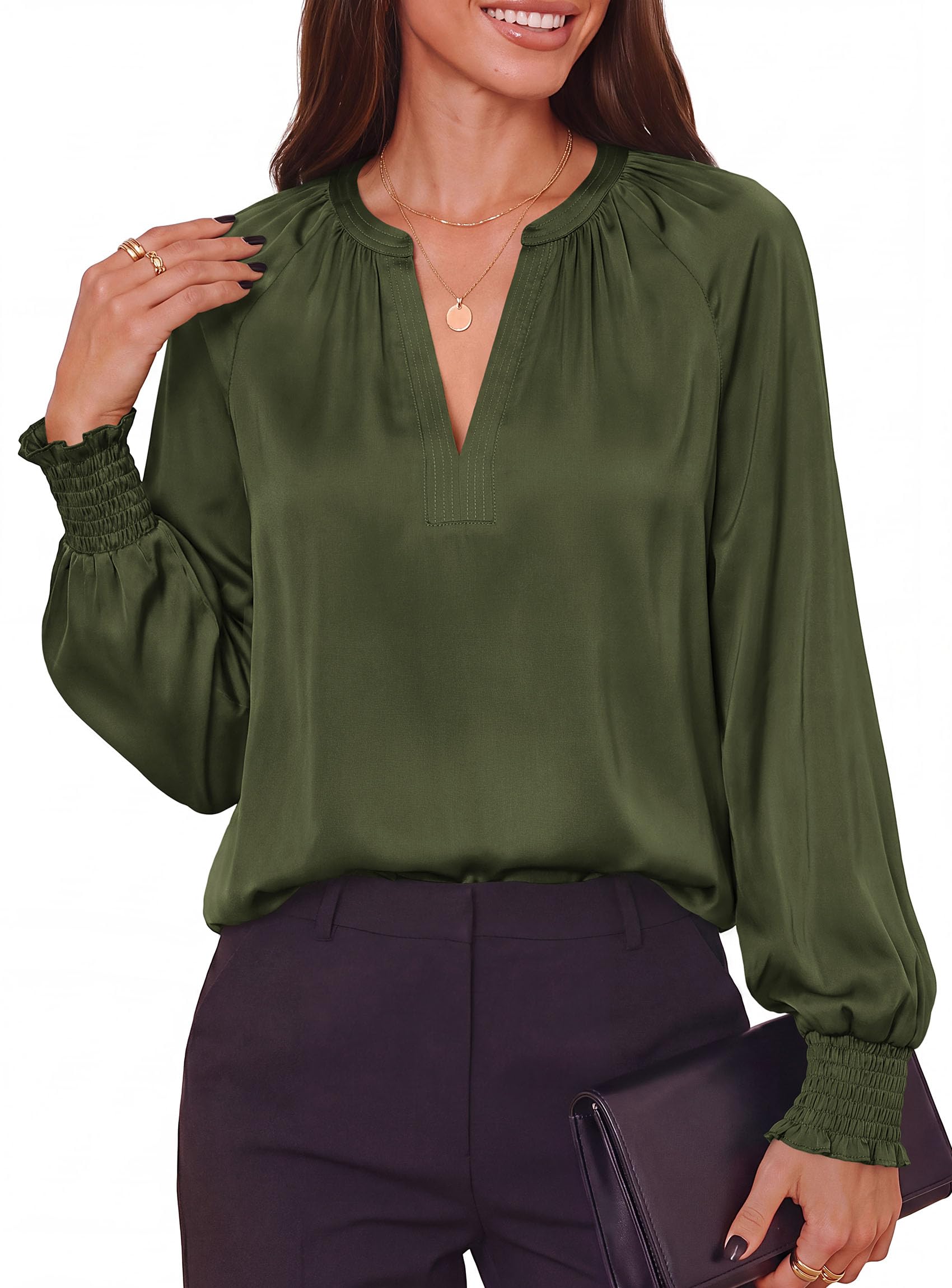 Women's Satin Blouses V Neck Long Sleeve Tops,Army Green,L