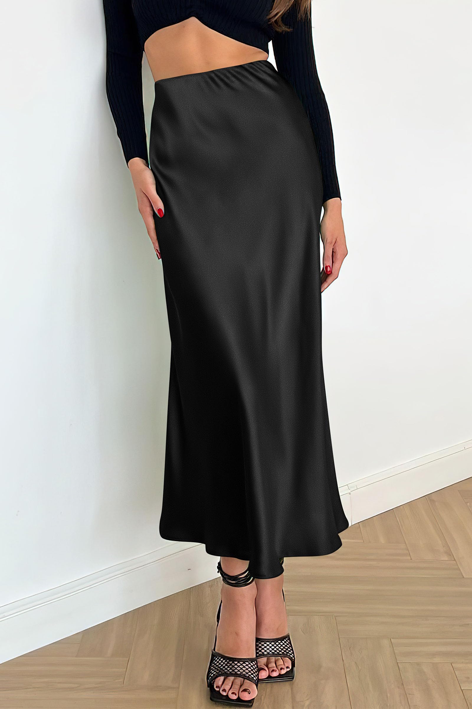 Women's Satin Midi Skirts Dressy Casual,Black,S
