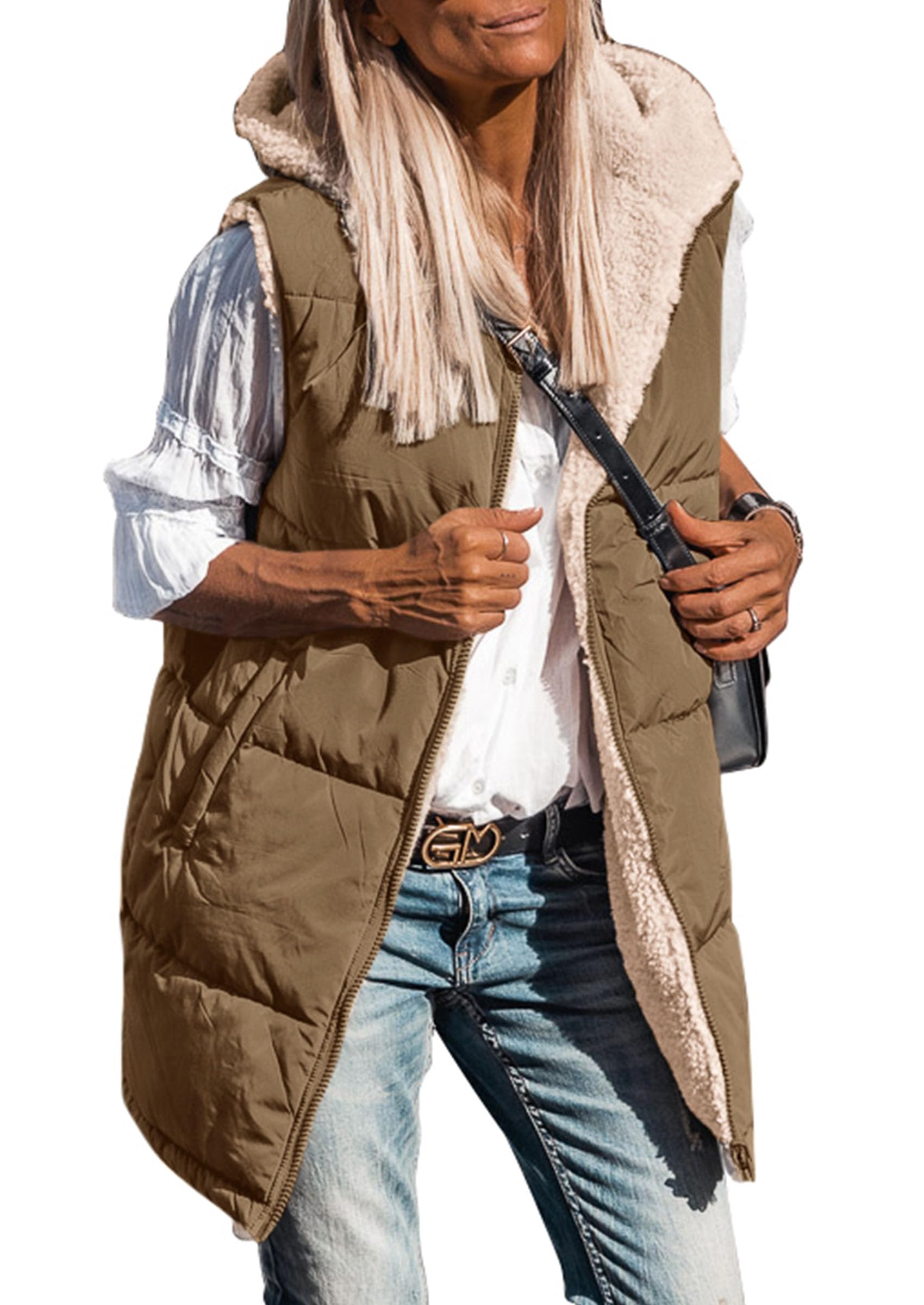 Women's Winter Reversible Fleece Long Vests Light Army Green,S