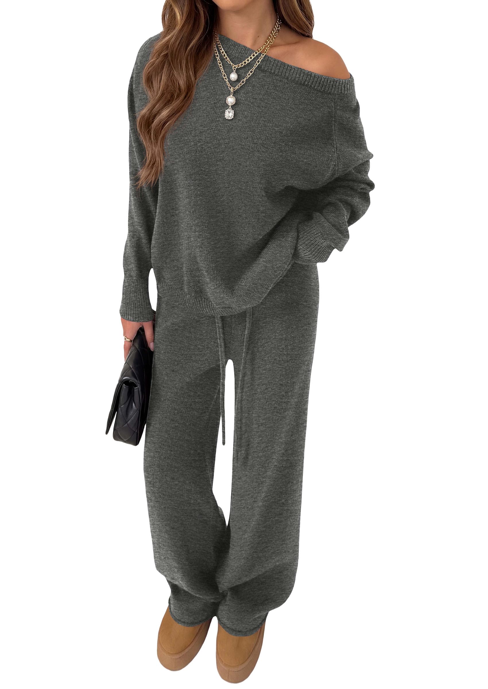 Lounge Sets Womens Sweaters Two Piece Outfits (Dark Grey,S)