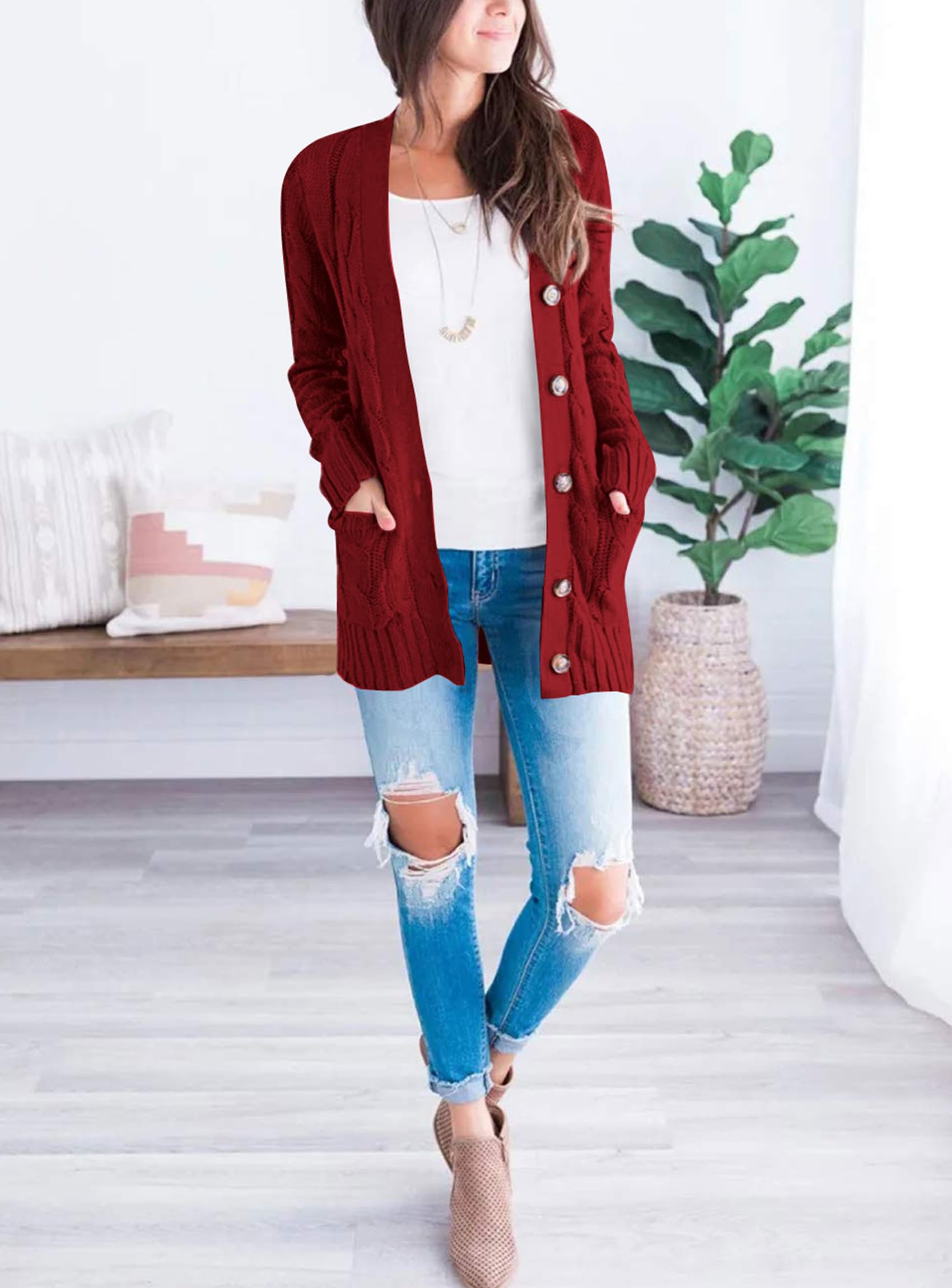 Women Chunky Cable Knit Cardigan Sweaters Fall Fashion Clothes