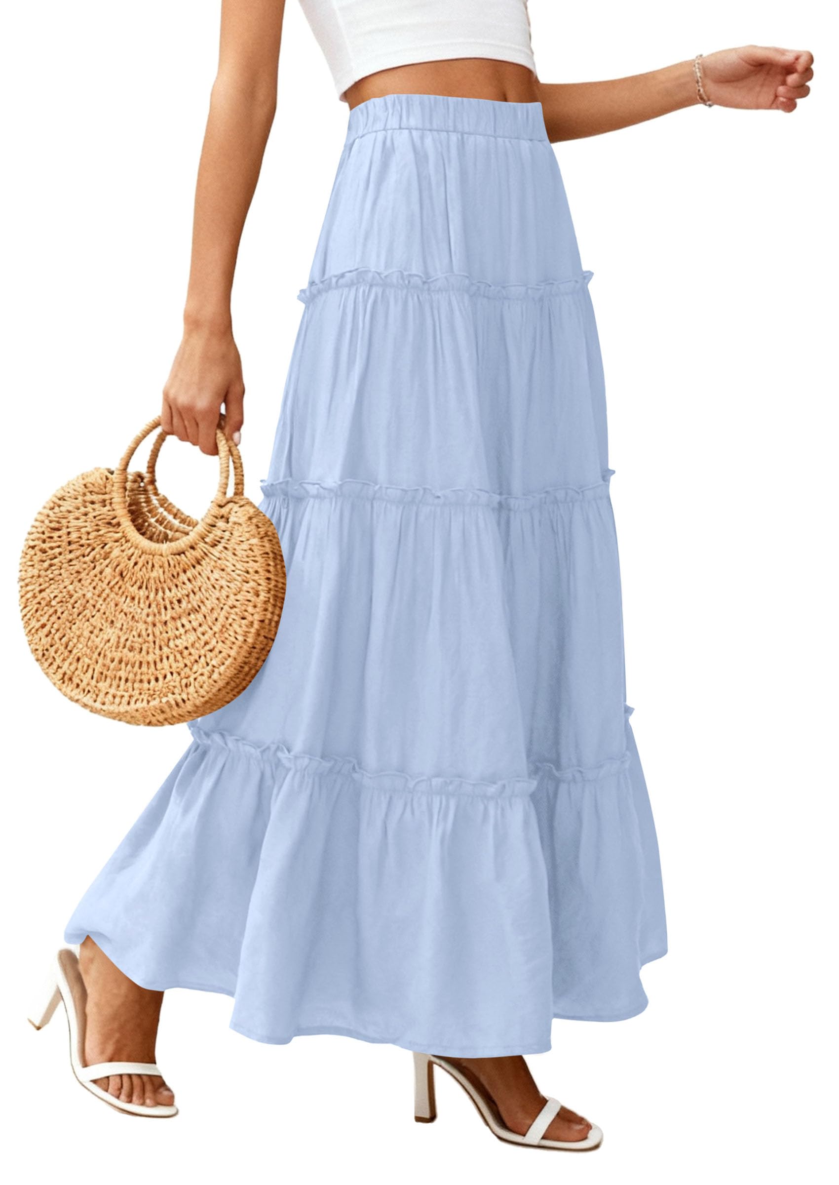 Women's Boho Tiered Ruffle Flowy Maxi Skirt, Sky Blue,S