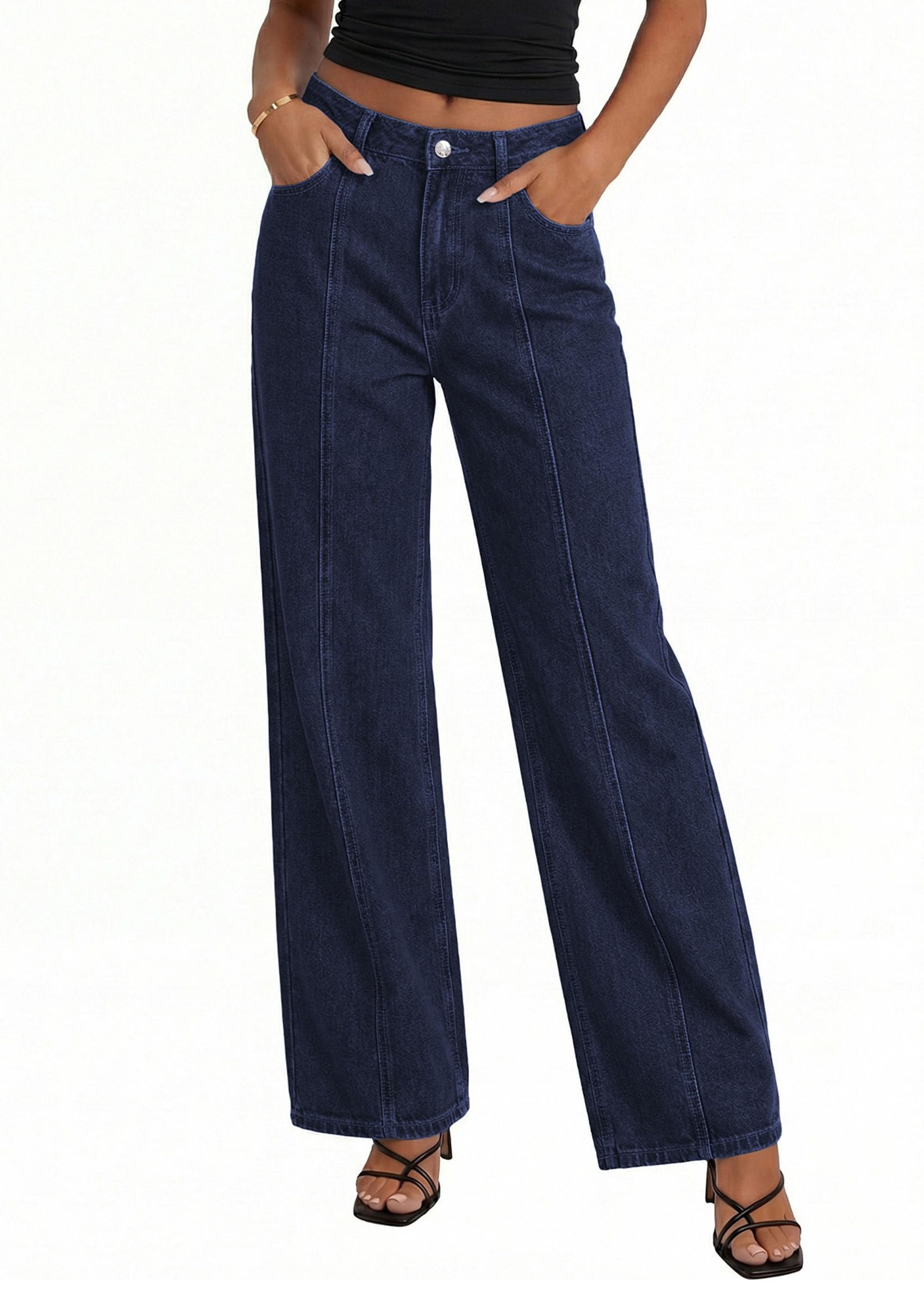 Women's Wide Leg Jeans Stretchy Baggy Denim Pants,Navy Blue,4