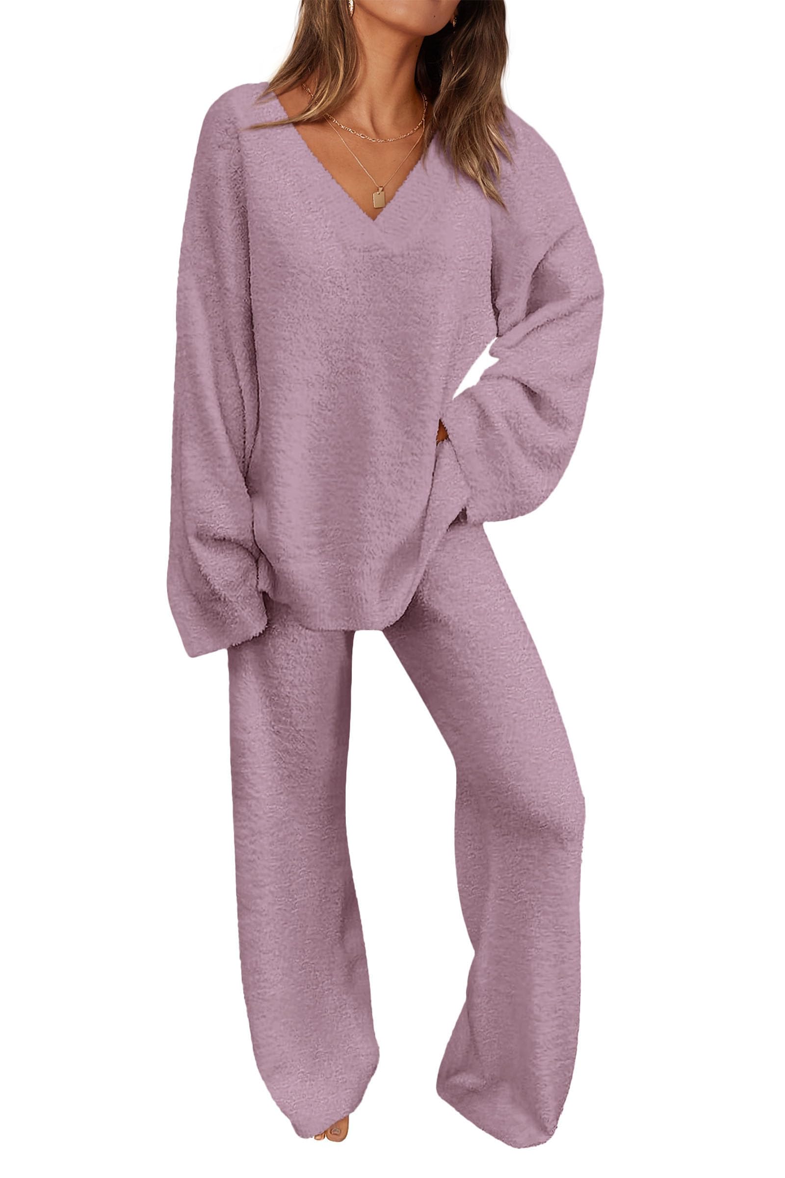Lounge Sets for Women Fall 2 Piece Fuzzy Sweater Pajama Set