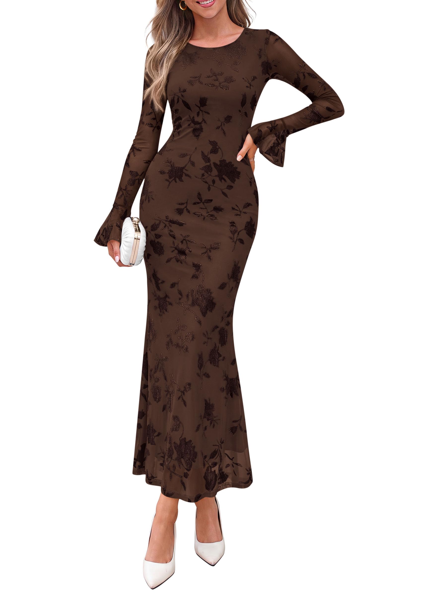 Women's Long Sleeve Maxi Floral Mesh Fall Wedding Guest Dress