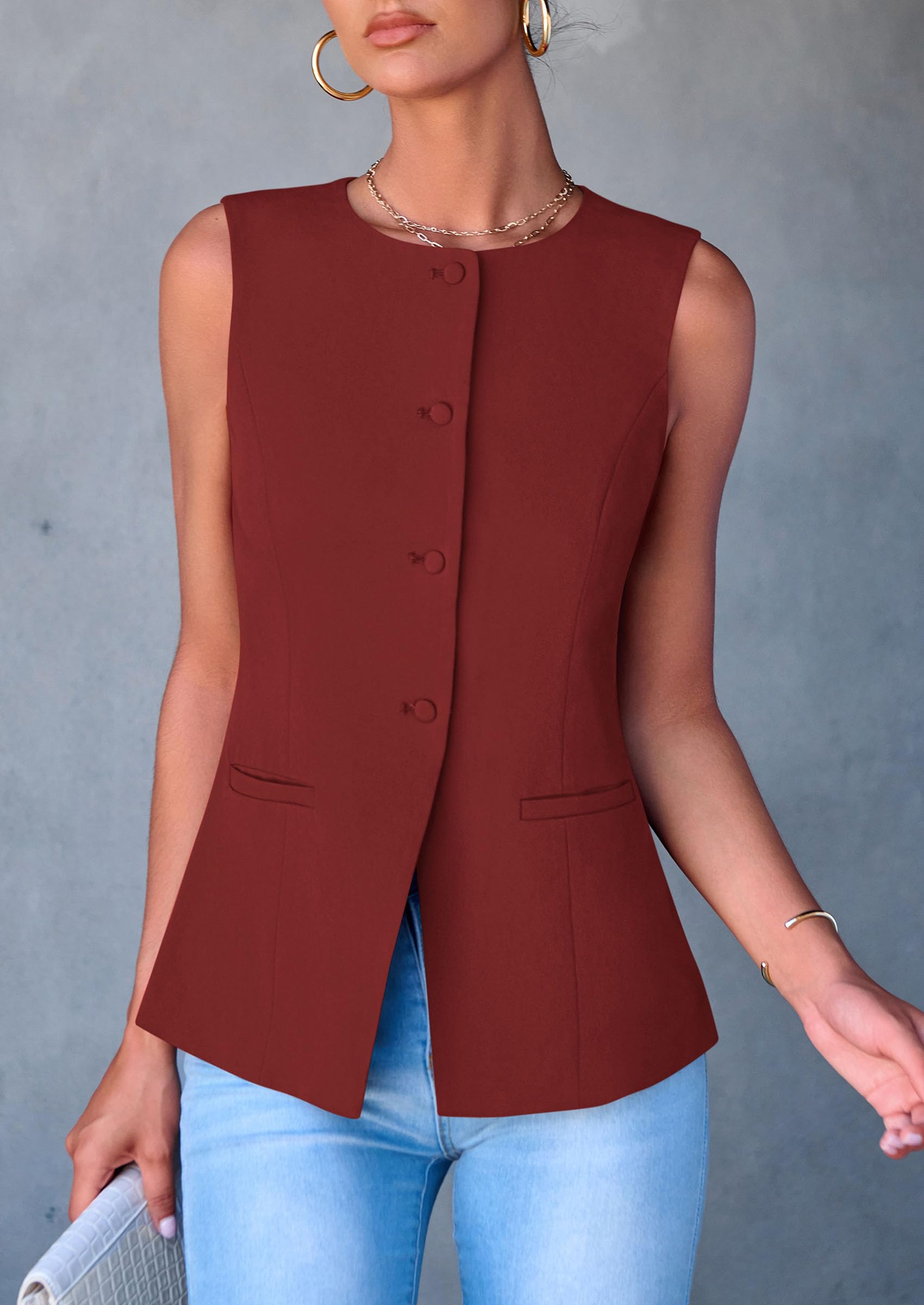Women Tailored Suit Vest Business Casual Tops, Orange Red,S