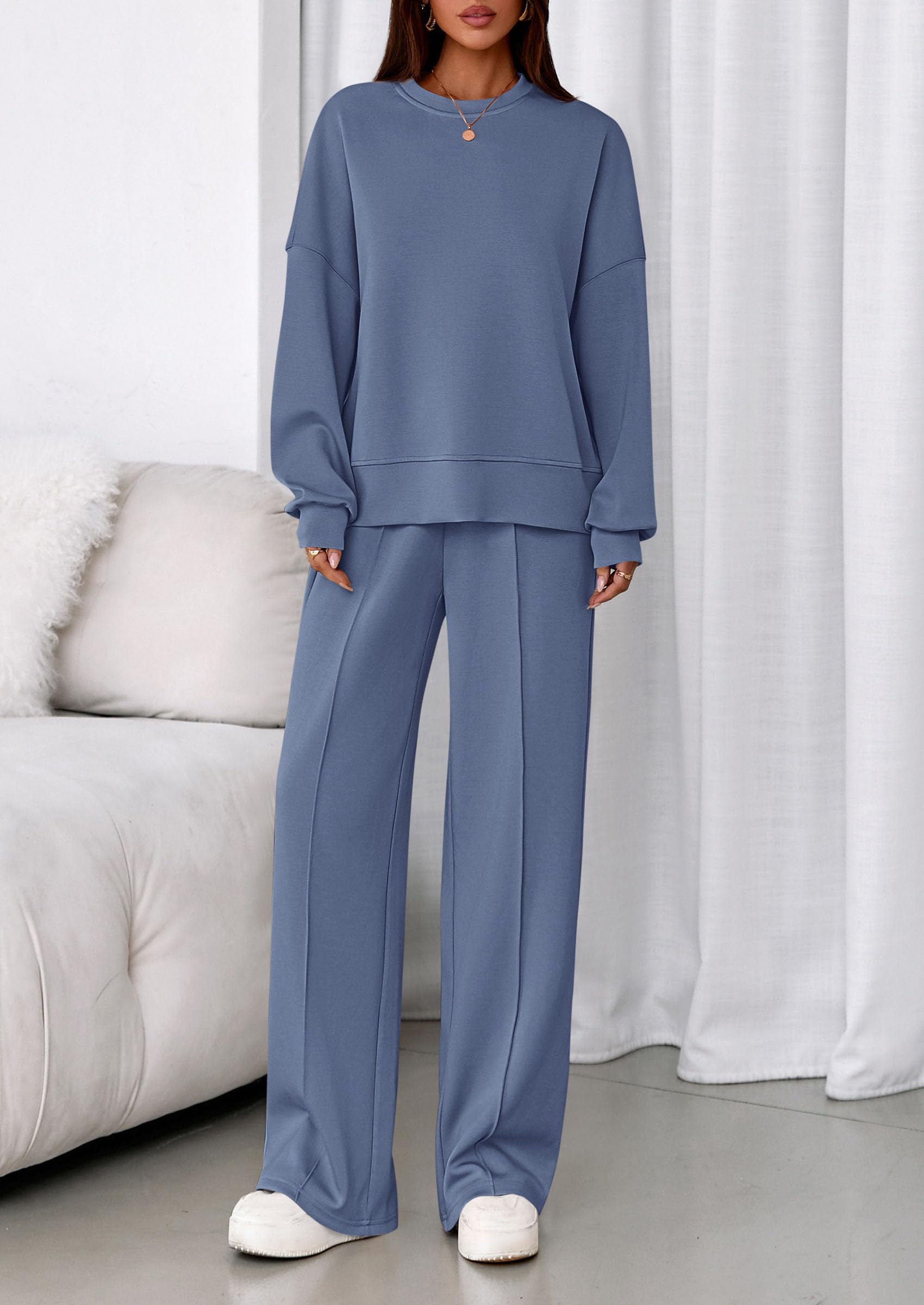 Womens Long Sleeve Sweatshirt 2 Piece Sets,Grey Blue,L