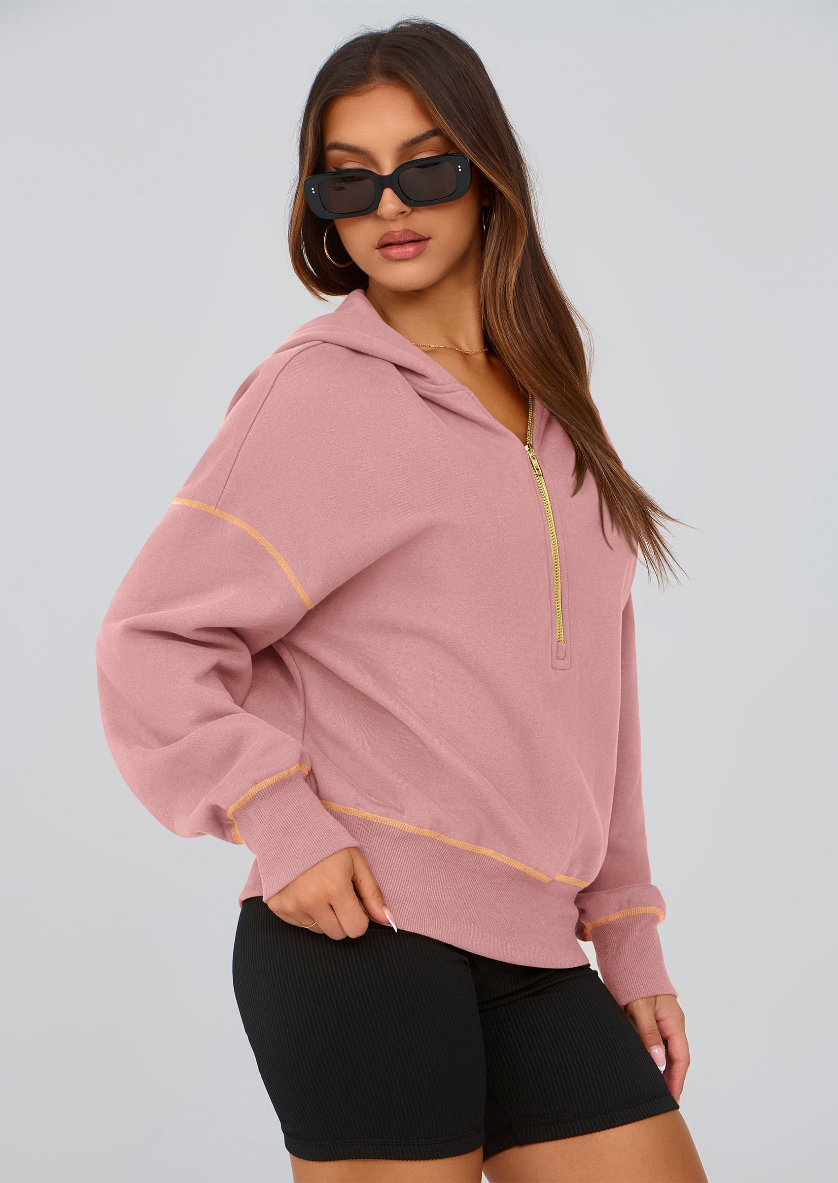 Women's Fall Half Zip Cropped Hoodie Sweatshirt Pink