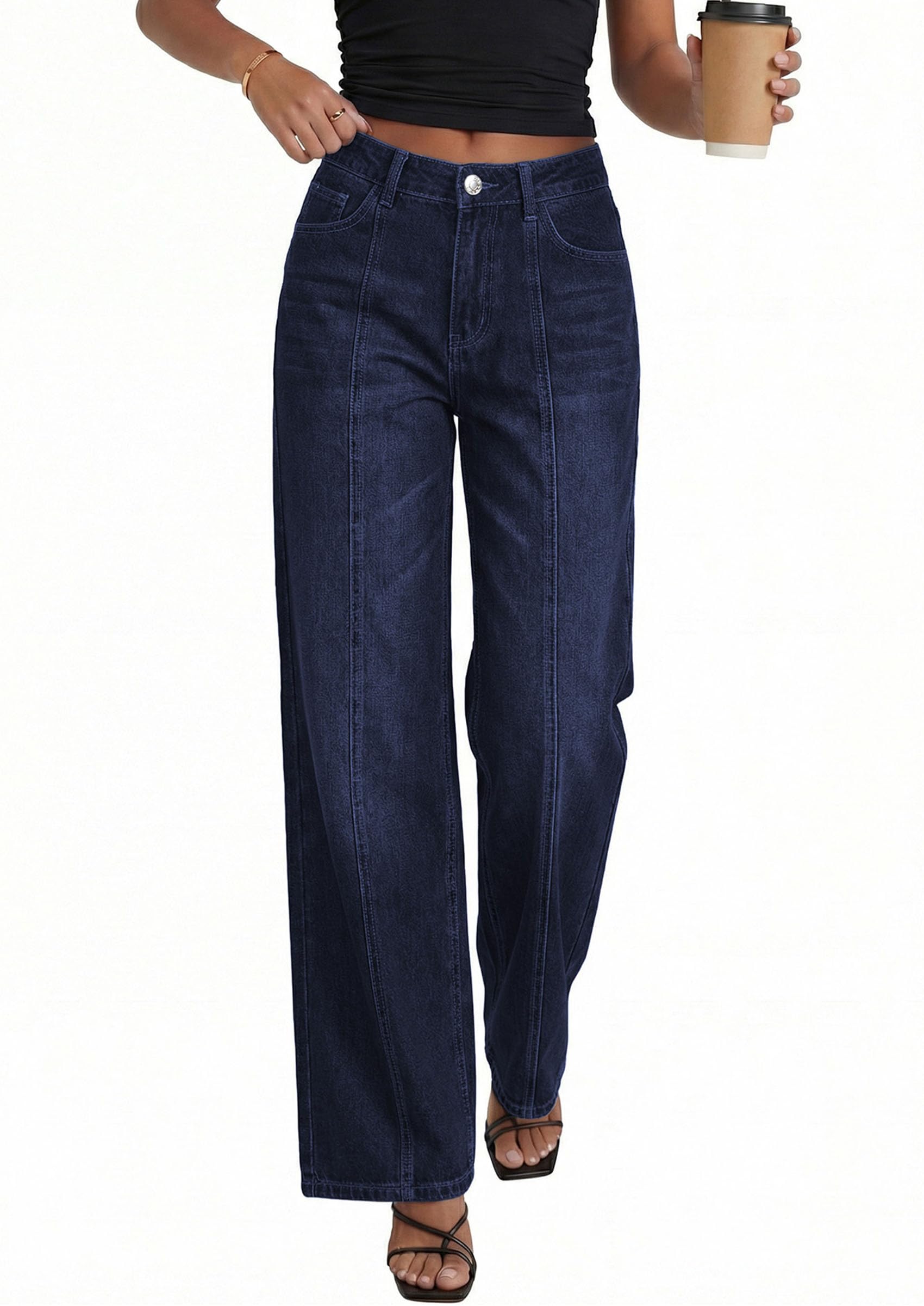Women's Wide Leg Jeans Stretchy Baggy Denim Pants,Navy Blue,4
