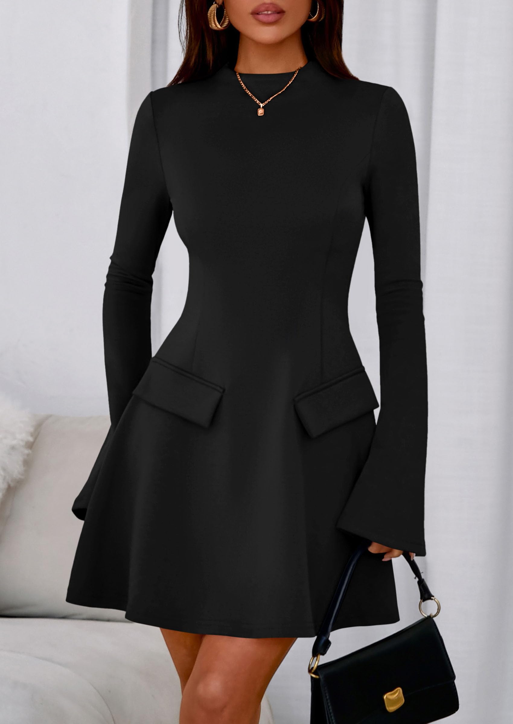 Women's Fall Bell Sleeve Short Dress,Black,XS