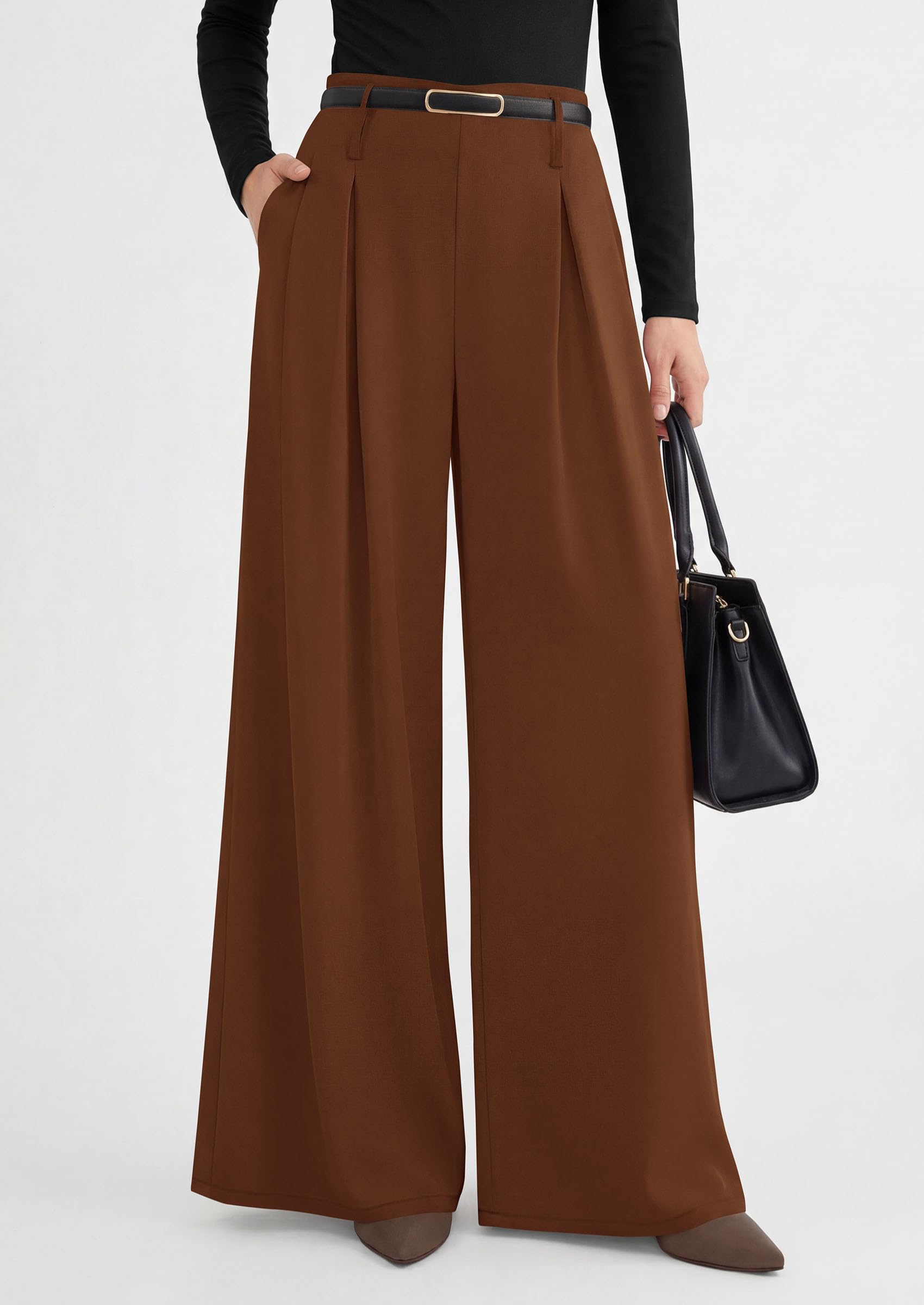 Womens Wide Leg Dress Pants Flowy Trousers,Red Brown,S