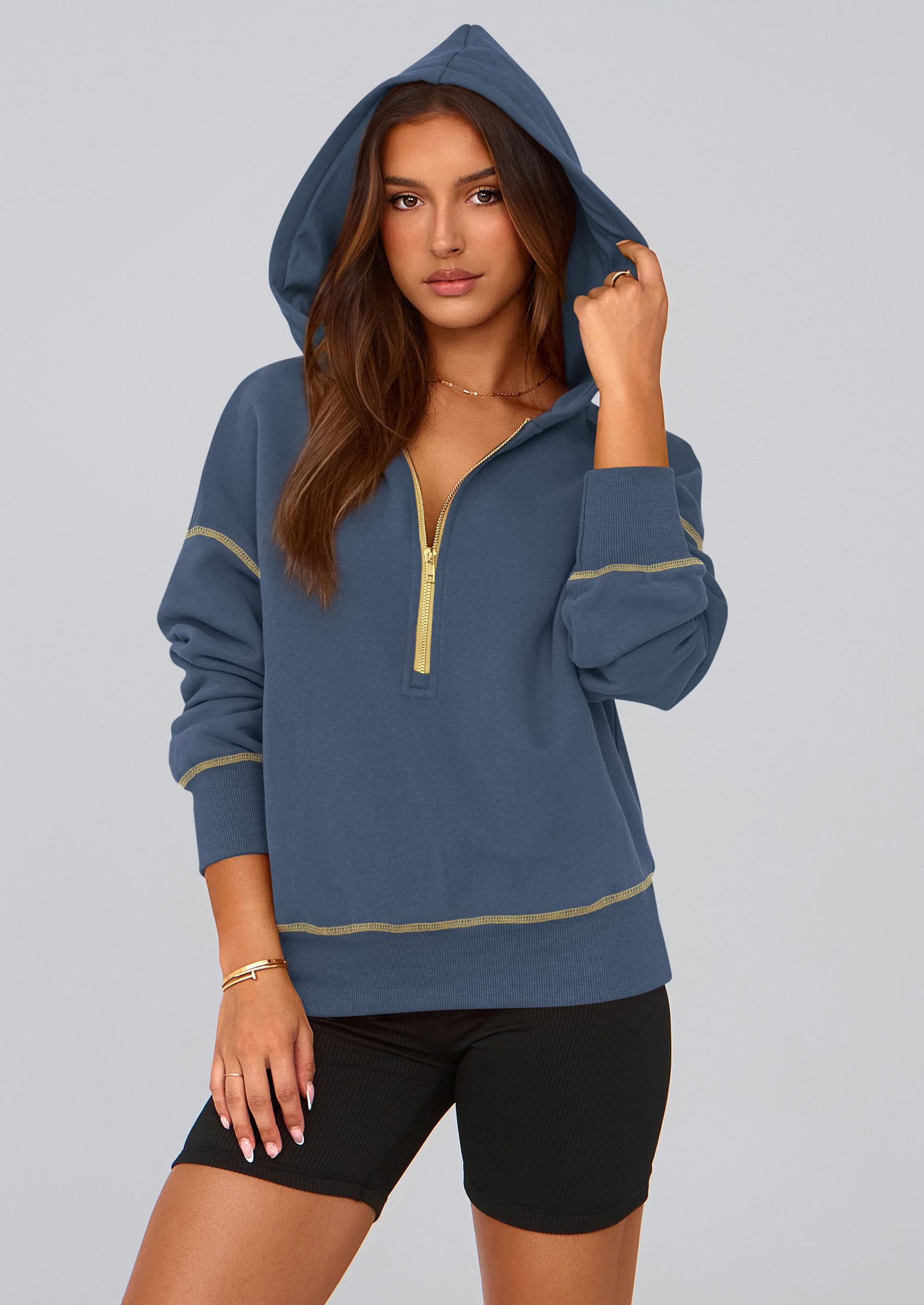 Women's Fall Half Zip Cropped Hoodie Sweatshirt Grey Blue